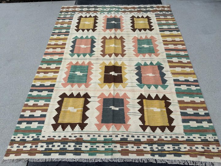 5x7 Handmade Afghan Kilim Rug | Cream Beige Ivory Mustard Peach Teal Coffee Caramel Brown Grey | Flatweave Outdoor