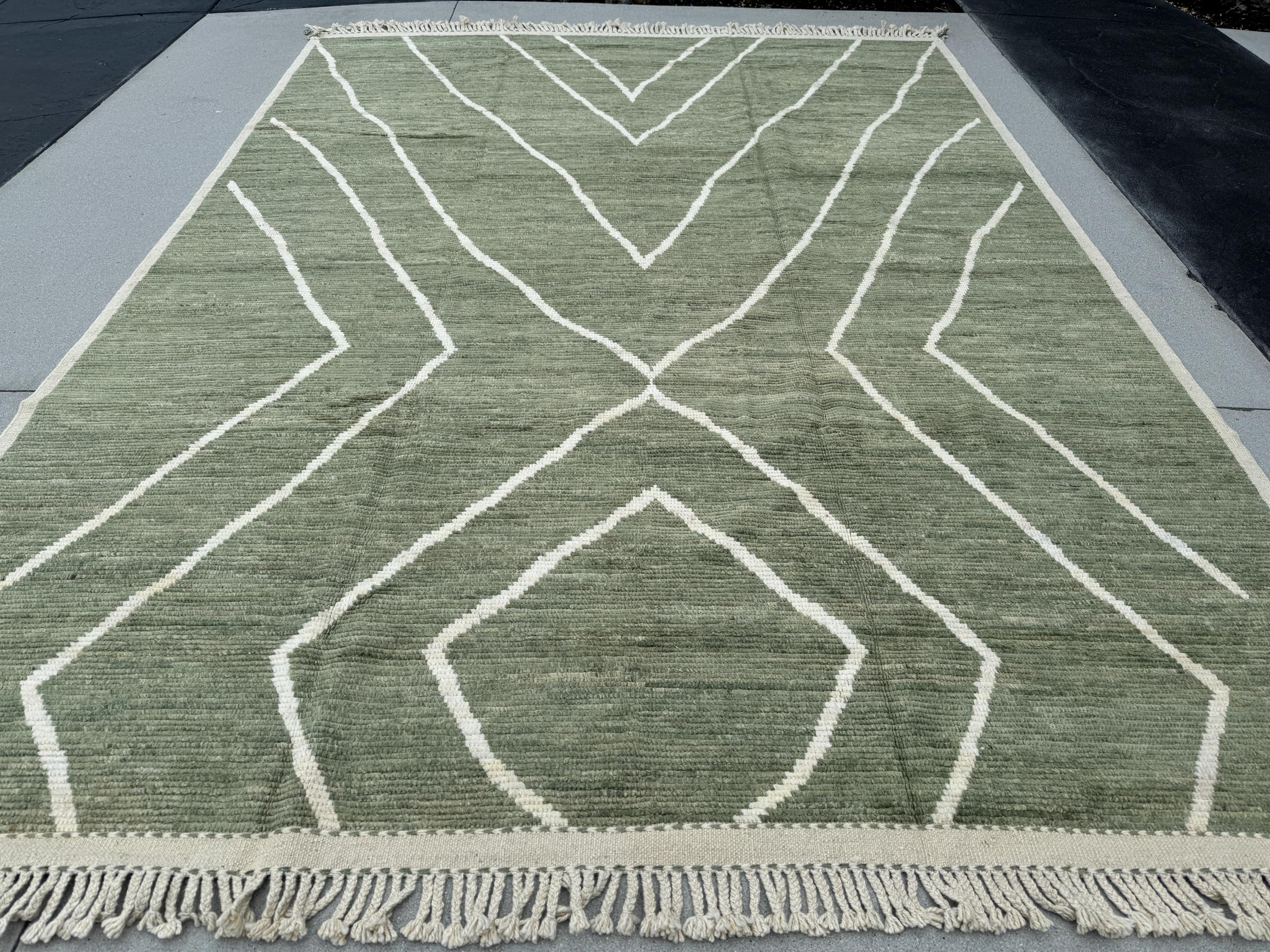 9x13 (274x395) Handmade Afghan Moroccan Rug | Sage Fern Green White Cream | Wool Handknotted Handwoven Abstract Geometric Zigzag