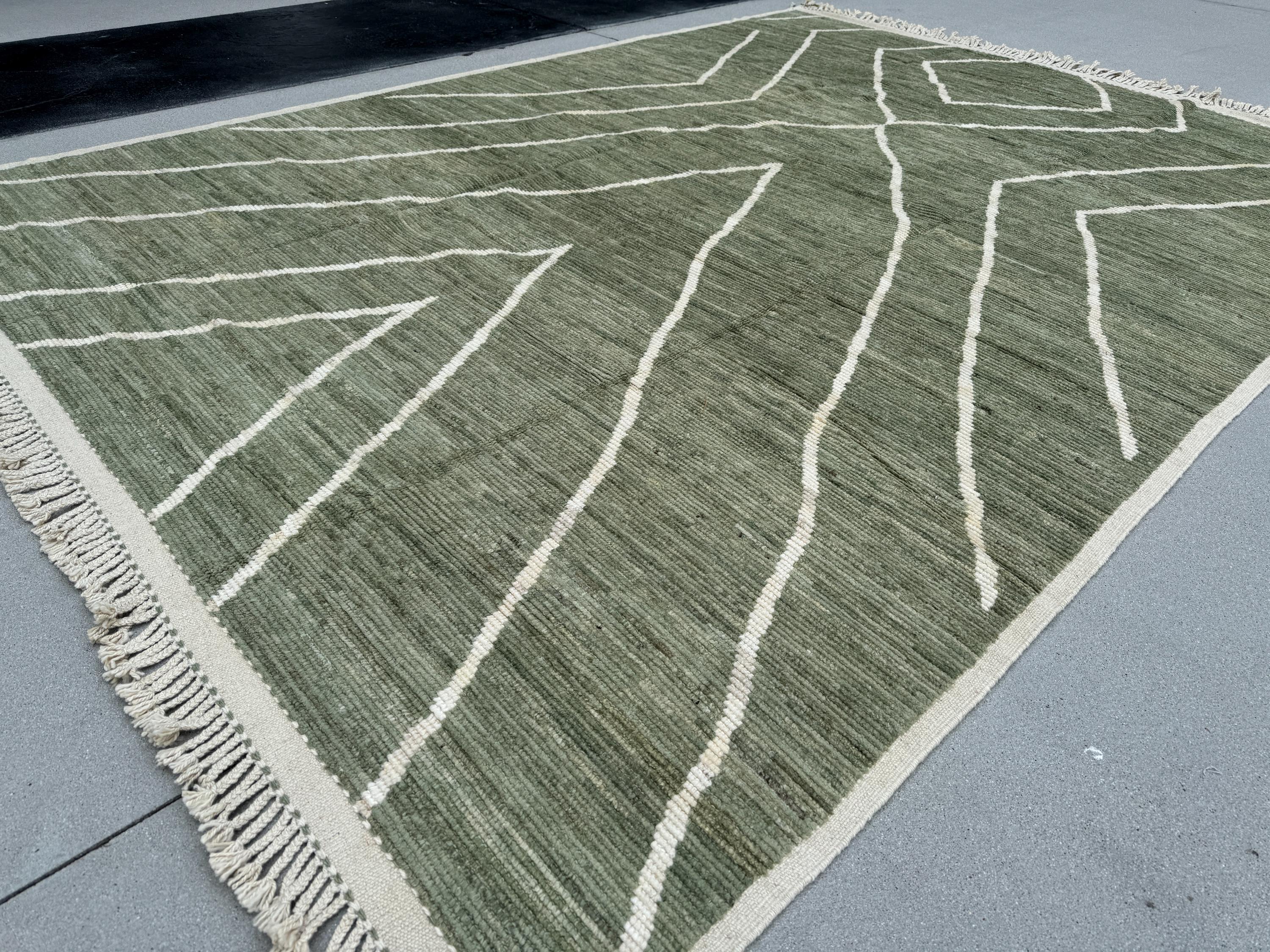 9x13 (274x395) Handmade Afghan Moroccan Rug | Sage Fern Green White Cream | Wool Handknotted Handwoven Abstract Geometric Zigzag