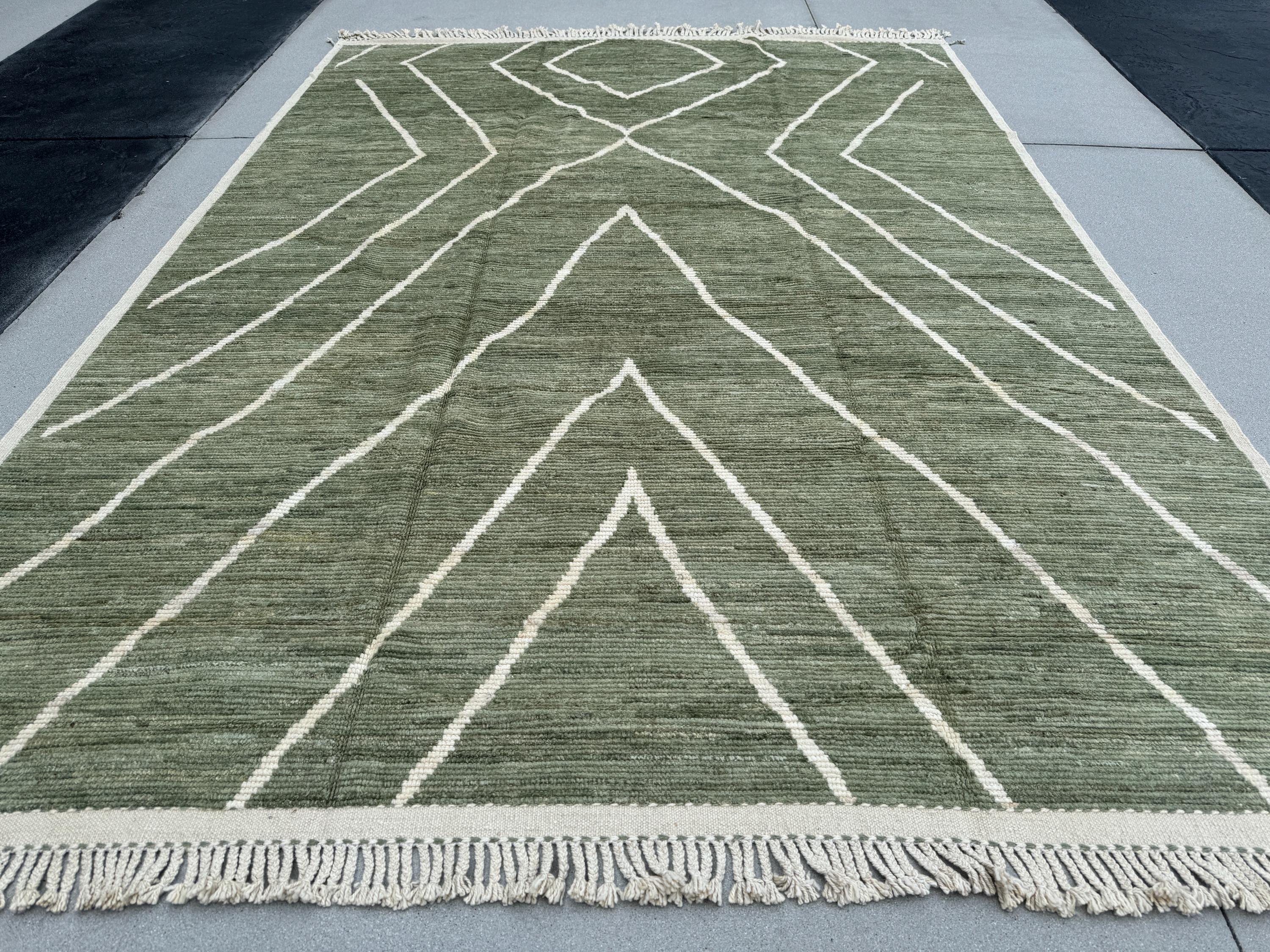 9x13 (274x395) Handmade Afghan Moroccan Rug | Sage Fern Green White Cream | Wool Handknotted Handwoven Abstract Geometric Zigzag