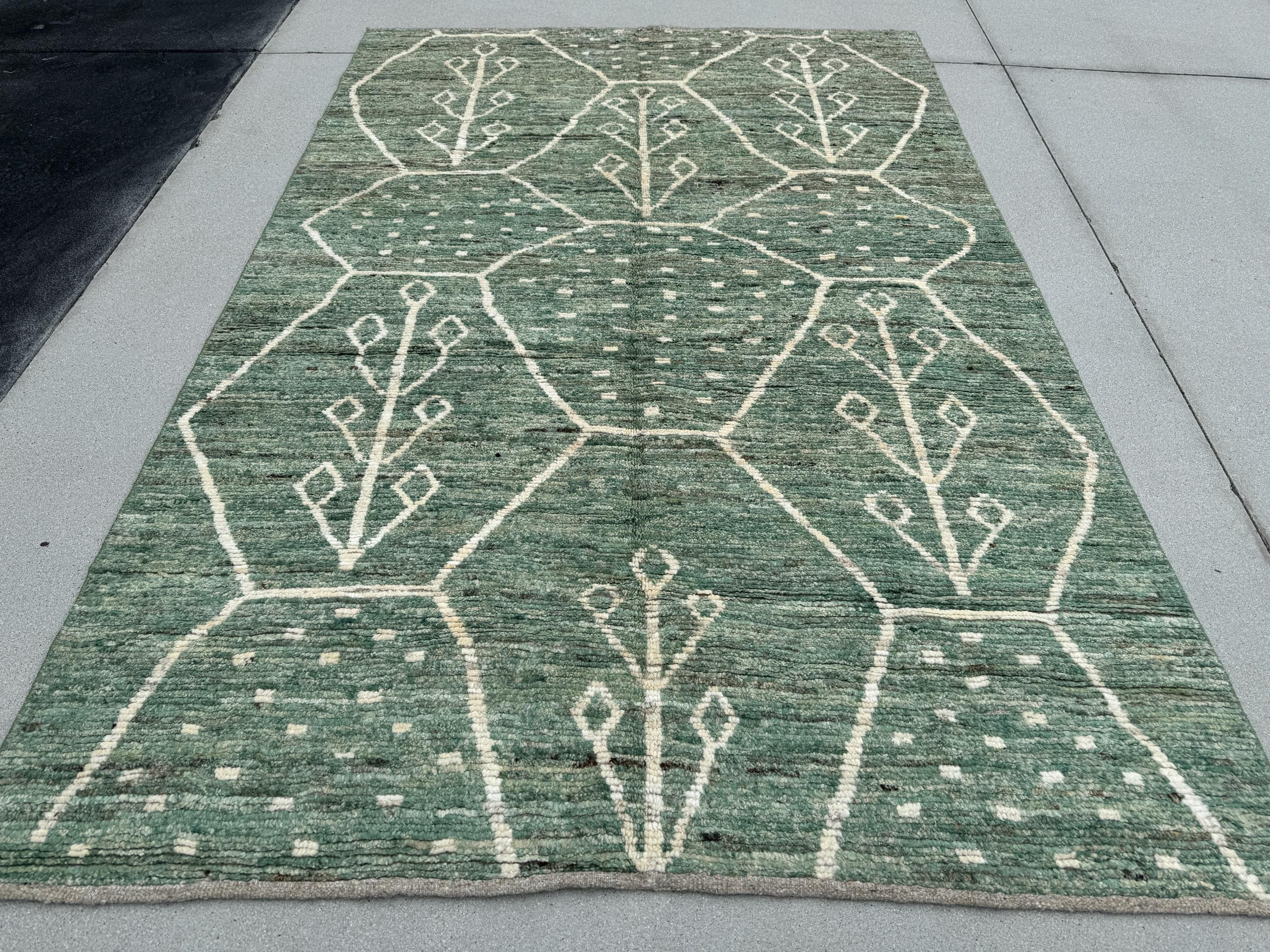 6x9 (180x274) Handmade Afghan Moroccan Rug | Sage Fern Green White Cream | Wool Hand Knotted Berber Beni Plush Wool Flokati Tufted