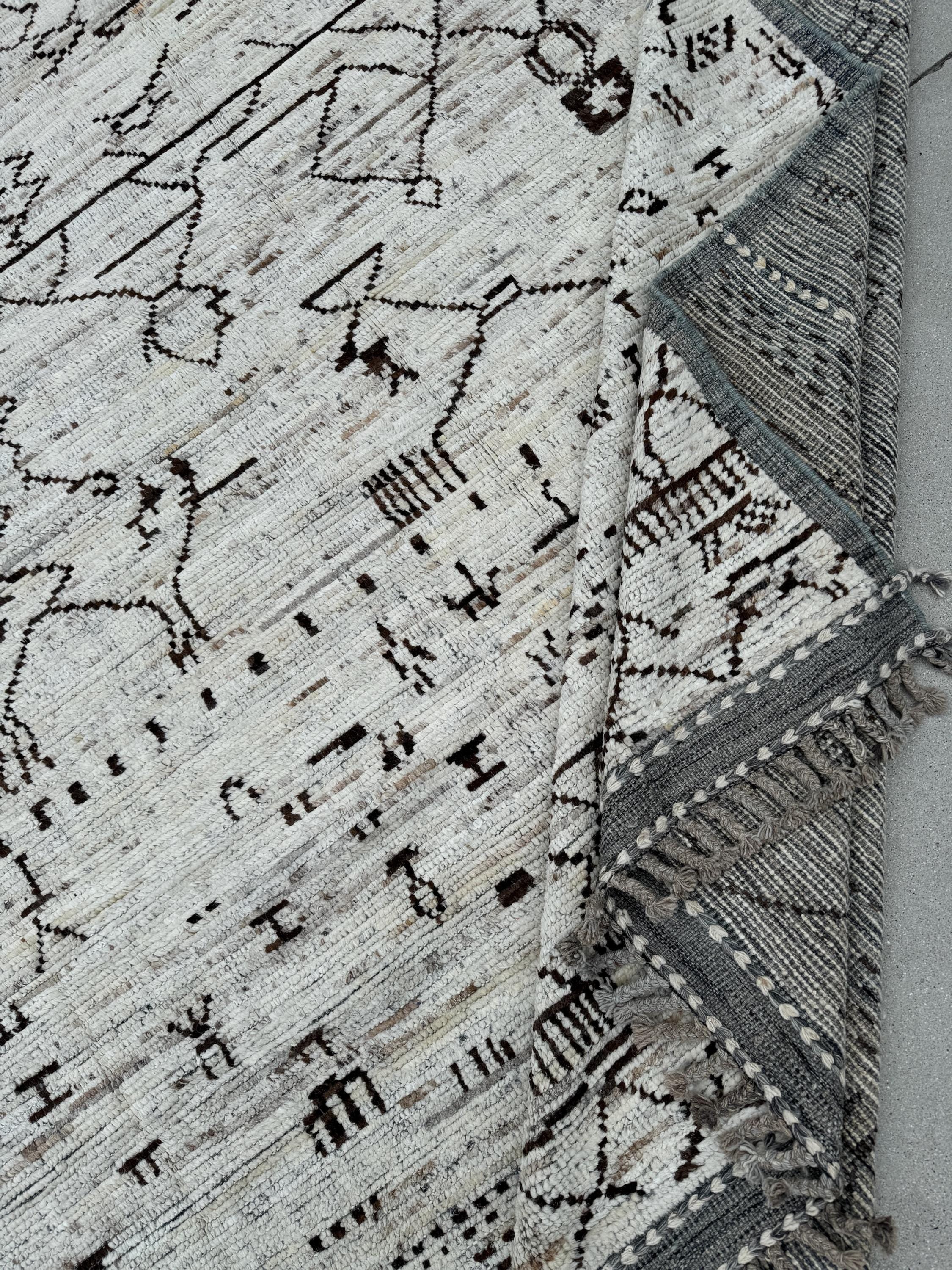 11x15 (335x457) Handmade Afghan Moroccan Rug | Cream White Ivory Grey Black | Wool Hand Knotted Plush Flokati Braided Zigzag Abstract