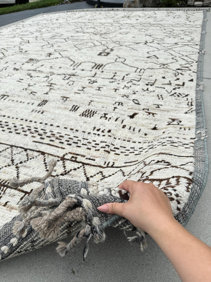 11x15 (335x457) Handmade Afghan Moroccan Rug | Cream White Ivory Grey Black | Wool Hand Knotted Plush Flokati Braided Zigzag Abstract