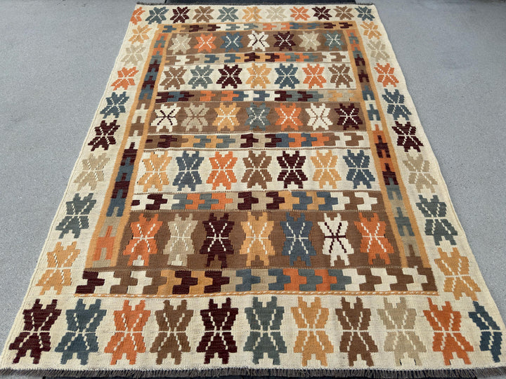 5x7 (150x200) Handmade Kilim Afghan Rug | Cream Khaki Ivory Tan Copper Chocolate Brown Fire Carrot Orange Dark Grey Gray | Flatweave Wool