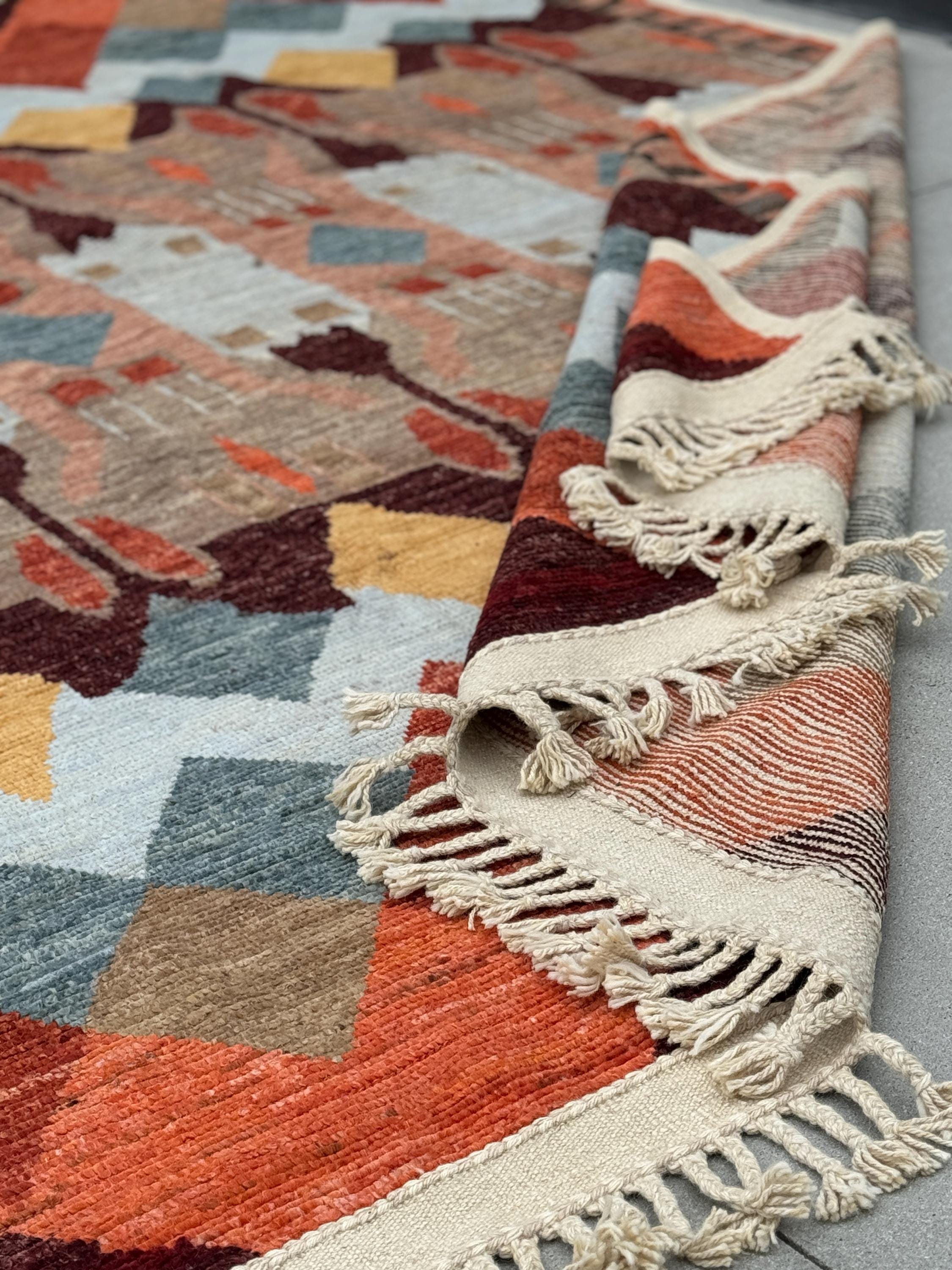 10x14-15 (305x174) Handmade Afghan Moroccan Rug | Orange Auburn Burgundy Maroon White Grey Beige Sand Coral Yellow Cream | Wool Hand Knotted