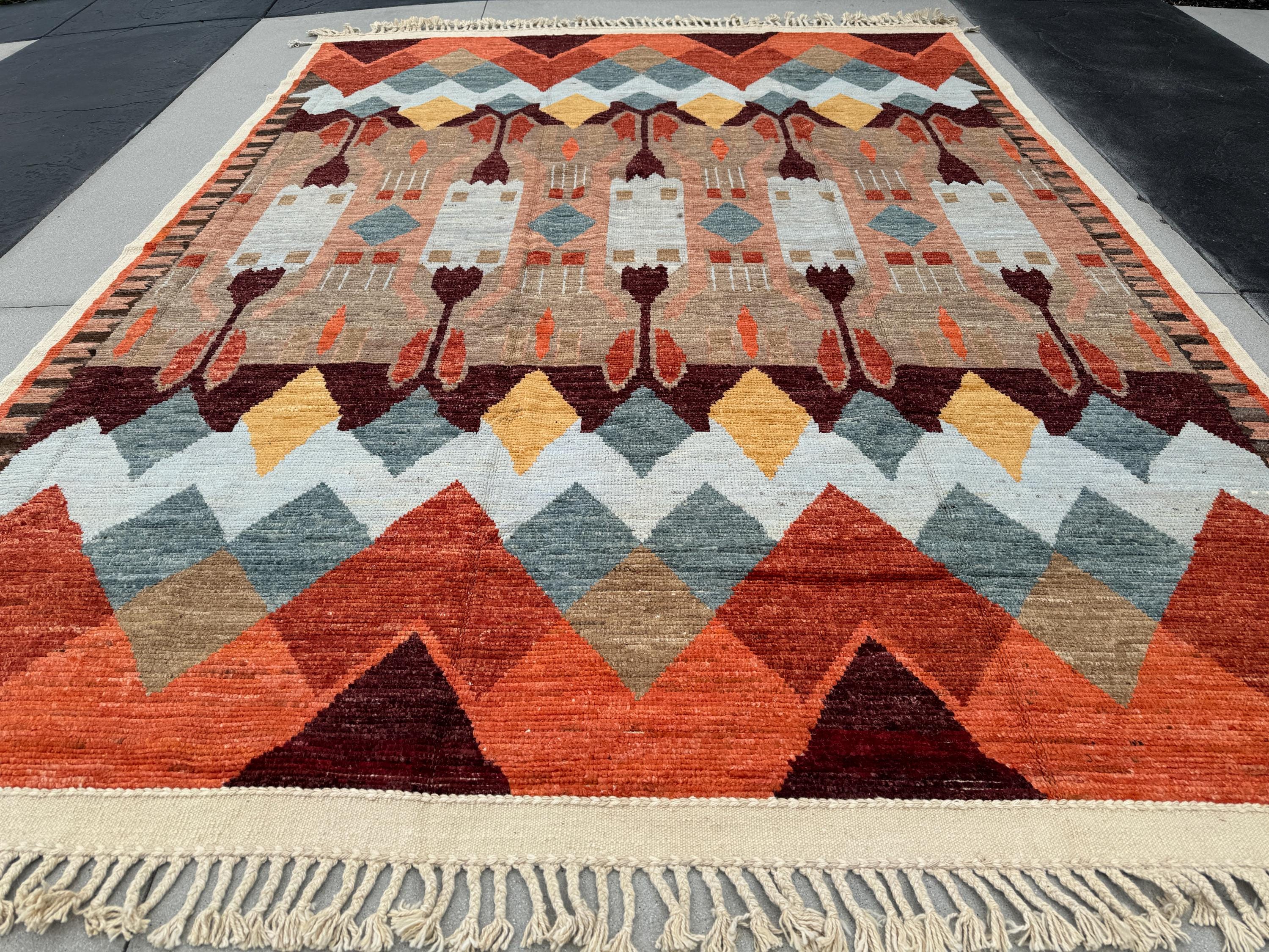 10x14-15 (305x174) Handmade Afghan Moroccan Rug | Orange Auburn Burgundy Maroon White Grey Beige Sand Coral Yellow Cream | Wool Hand Knotted