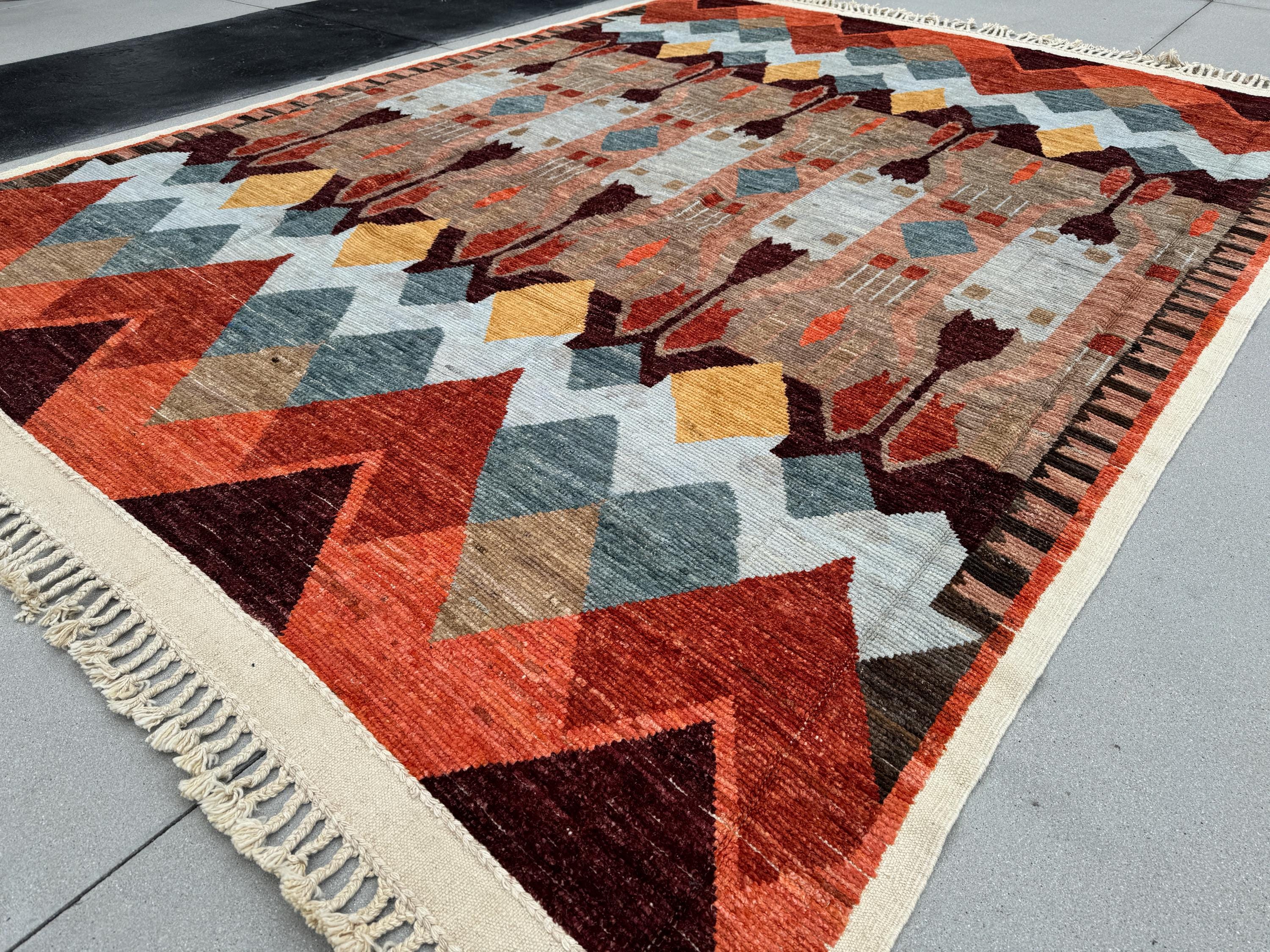 10x14-15 (305x174) Handmade Afghan Moroccan Rug | Orange Auburn Burgundy Maroon White Grey Beige Sand Coral Yellow Cream | Wool Hand Knotted