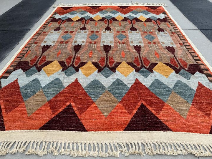 10x14-15 (305x174) Handmade Afghan Moroccan Rug | Orange Auburn Burgundy Maroon White Grey Beige Sand Coral Yellow Cream | Wool Hand Knotted