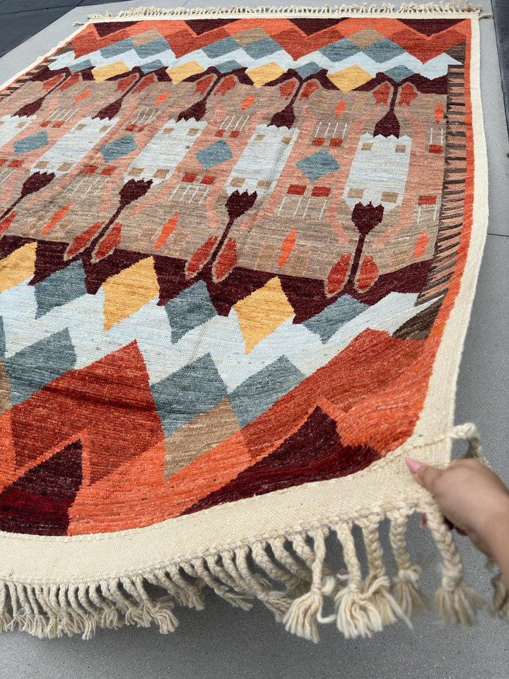 10x14-15 (305x174) Handmade Afghan Moroccan Rug | Orange Auburn Burgundy Maroon White Grey Beige Sand Coral Yellow Cream | Wool Hand Knotted