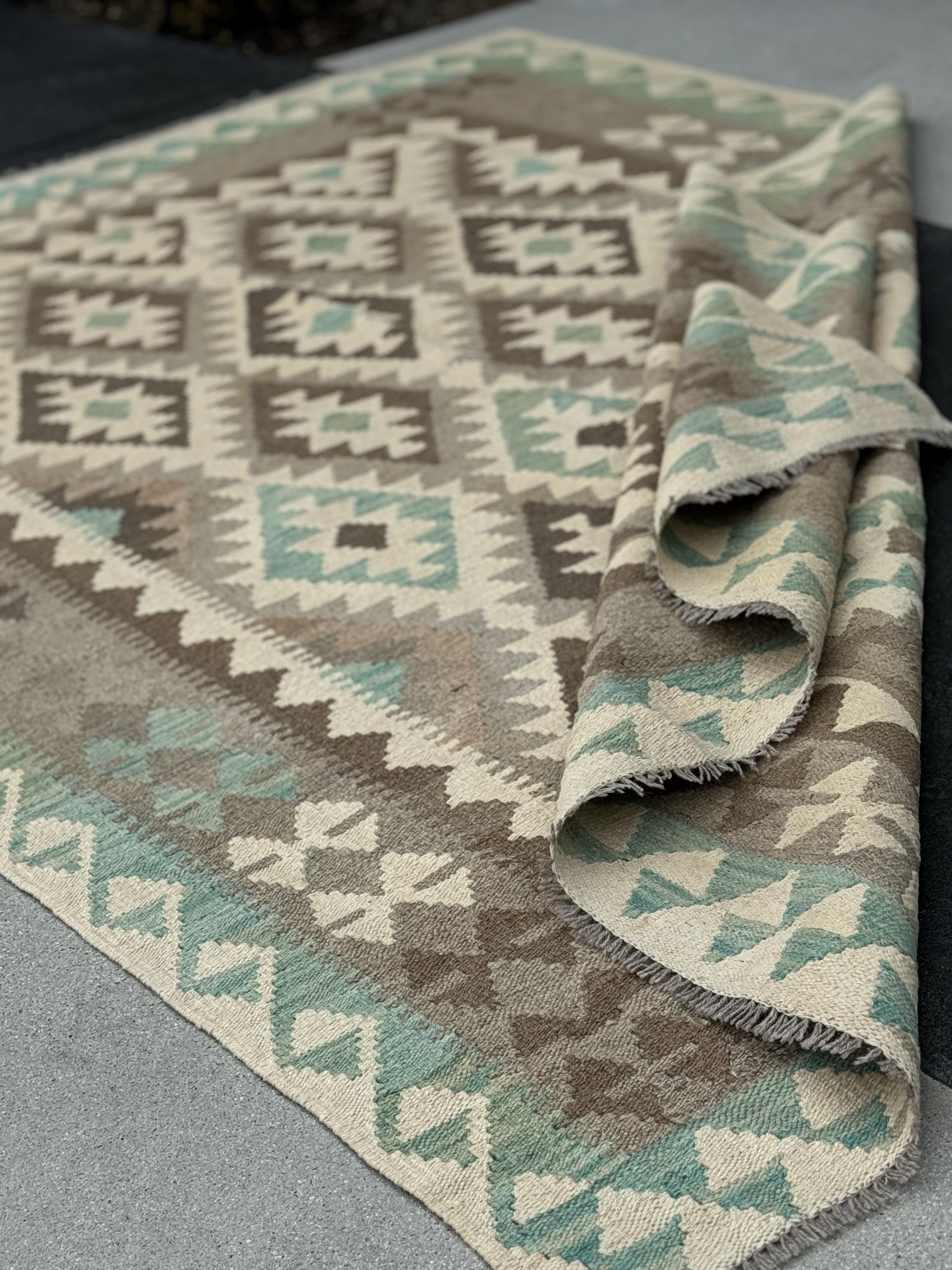 6x8 (180x245) Handmade Afghan Kilim Rug | Cream Beige Taupe Tan Chocolate Brown Teal Grey | Flatweave Traditional Wool Oushak