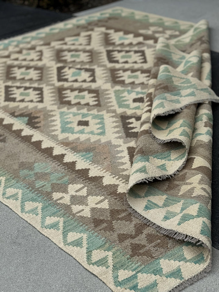 6x8 (180x245) Handmade Afghan Kilim Rug | Cream Beige Taupe Tan Chocolate Brown Teal Grey | Flatweave Traditional Wool Oushak