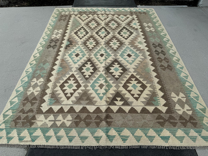 6x8 (180x245) Handmade Afghan Kilim Rug | Cream Beige Taupe Tan Chocolate Brown Teal Grey | Flatweave Traditional Wool Oushak