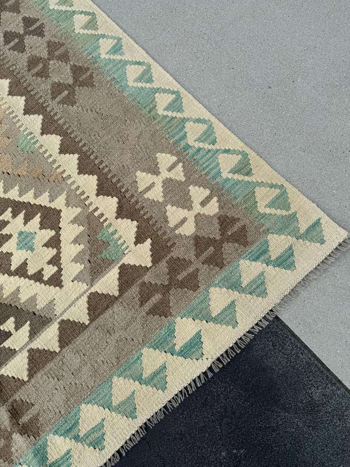 6x8 (180x245) Handmade Afghan Kilim Rug | Cream Beige Taupe Tan Chocolate Brown Teal Grey | Flatweave Traditional Wool Oushak