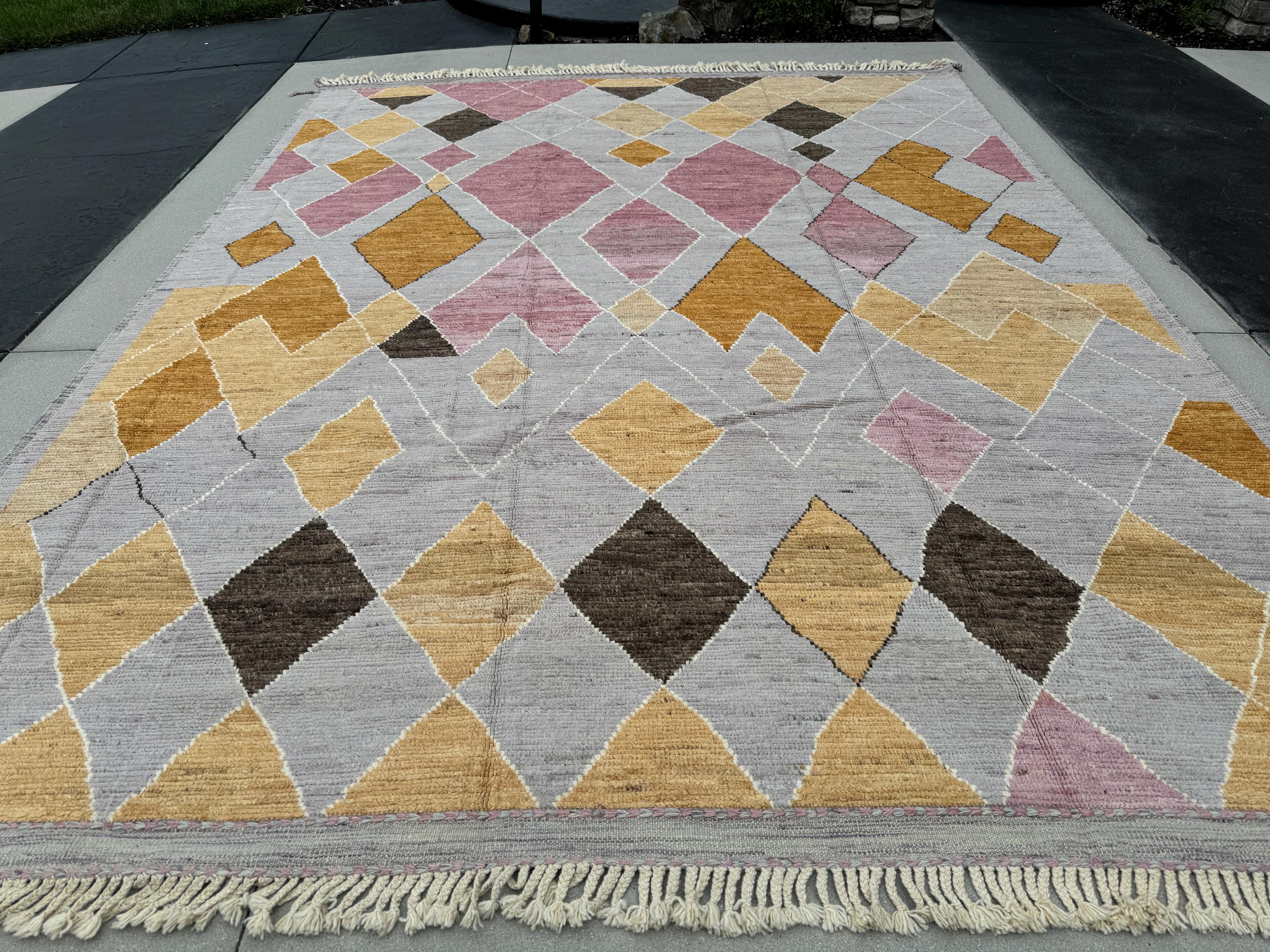 11x14 (335x426) Handmade Afghan Moroccan Rug | Grey Gray Copper Orange Charcoal Gold Yellow Dusty Rose Pink White Cream | Berber Beni Wool