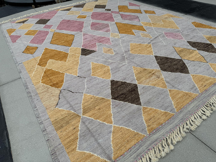 11x14 (335x426) Handmade Afghan Moroccan Rug | Grey Gray Copper Orange Charcoal Gold Yellow Dusty Rose Pink White Cream | Berber Beni Wool