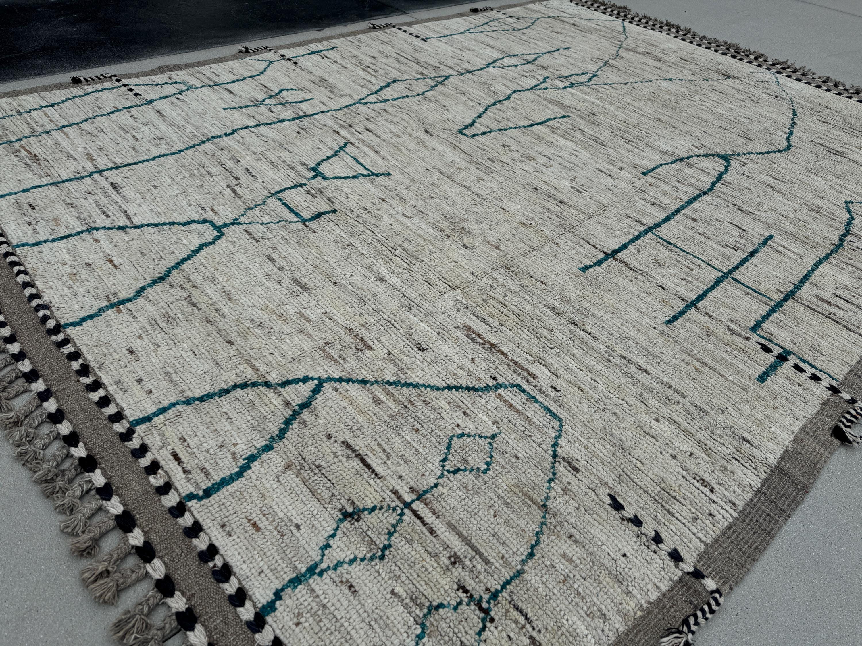 10x13 (305x400) Handmade Afghan Moroccan Rug | Neutral Cream White Teal Turquoise Black White Ivory Grey Gray | Wool Plush Abstract Berber