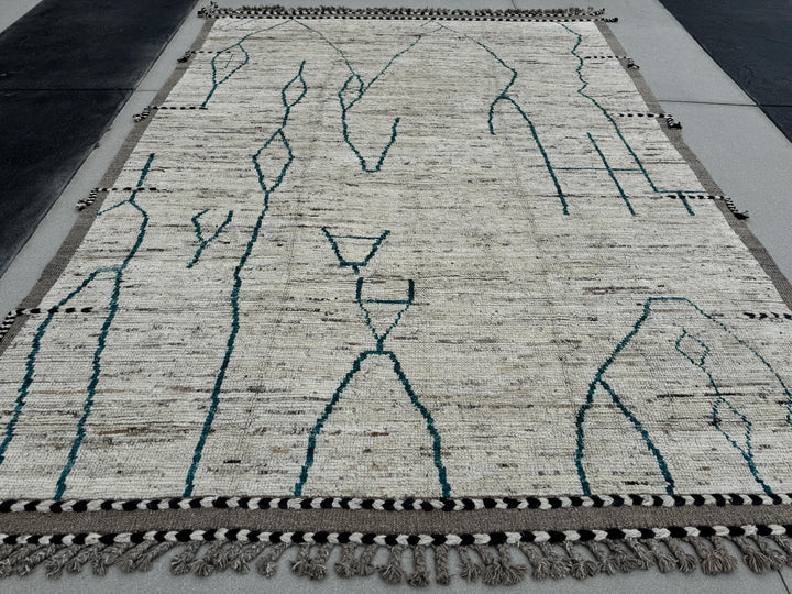 10x13 (305x400) Handmade Afghan Moroccan Rug | Neutral Cream White Teal Turquoise Black White Ivory Grey Gray | Wool Plush Abstract Berber