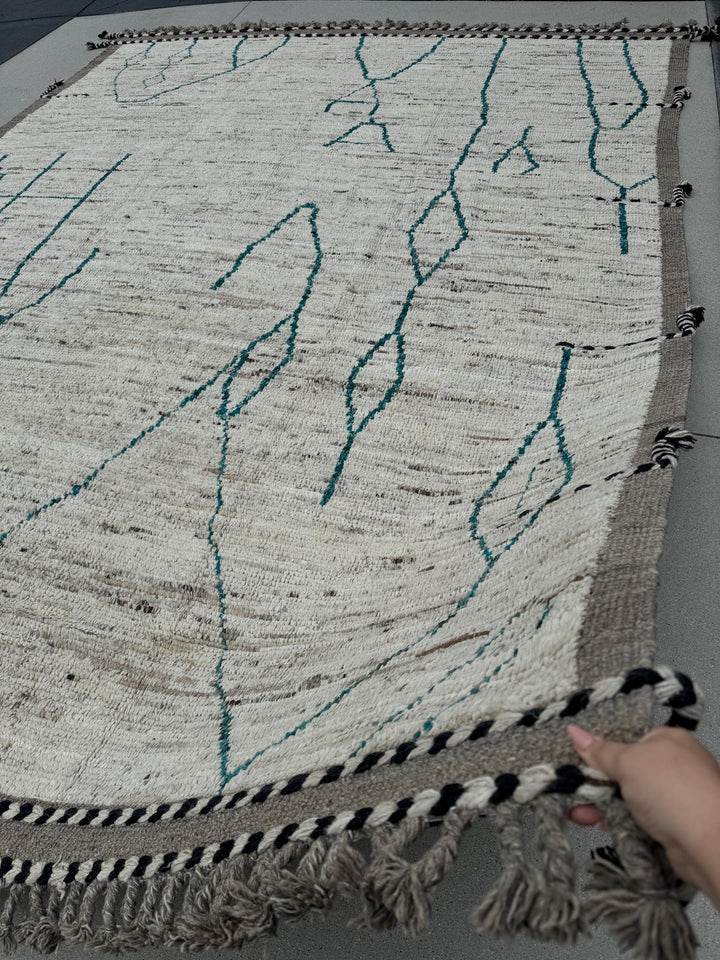 10x13 (305x400) Handmade Afghan Moroccan Rug | Neutral Cream White Teal Turquoise Black White Ivory Grey Gray | Wool Plush Abstract Berber