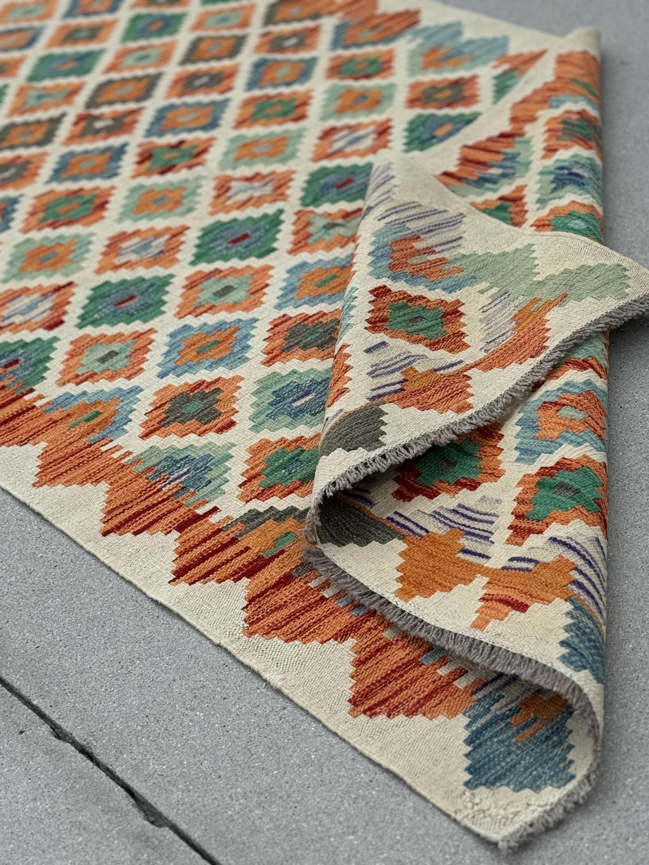 3x7 (100x200) Handmade Afghan Kilim Runner Rug | Cream Beige Olive Forest Green Teal Burnt Orange Denim Blue Grey Purple | Flatweave Wool