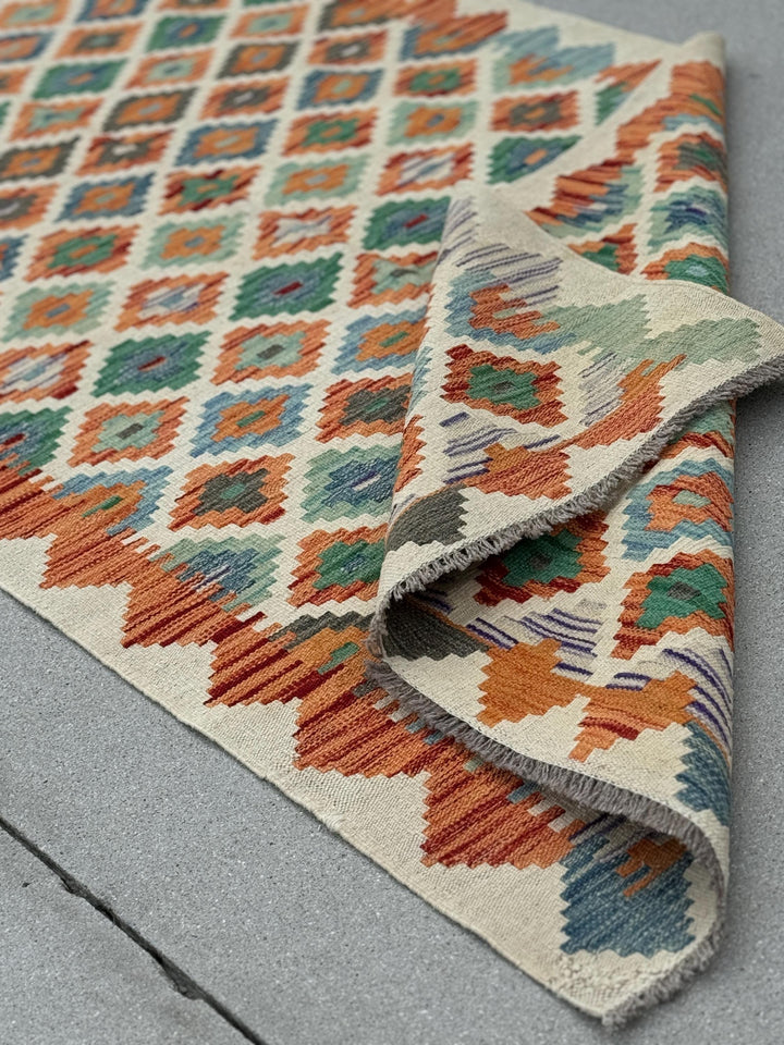 3x7 (100x200) Handmade Afghan Kilim Runner Rug | Cream Beige Olive Forest Green Teal Burnt Orange Denim Blue Grey Purple | Flatweave Wool