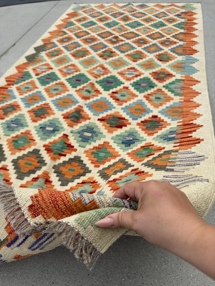 3x7 (100x200) Handmade Afghan Kilim Runner Rug | Cream Beige Olive Forest Green Teal Burnt Orange Denim Blue Grey Purple | Flatweave Wool