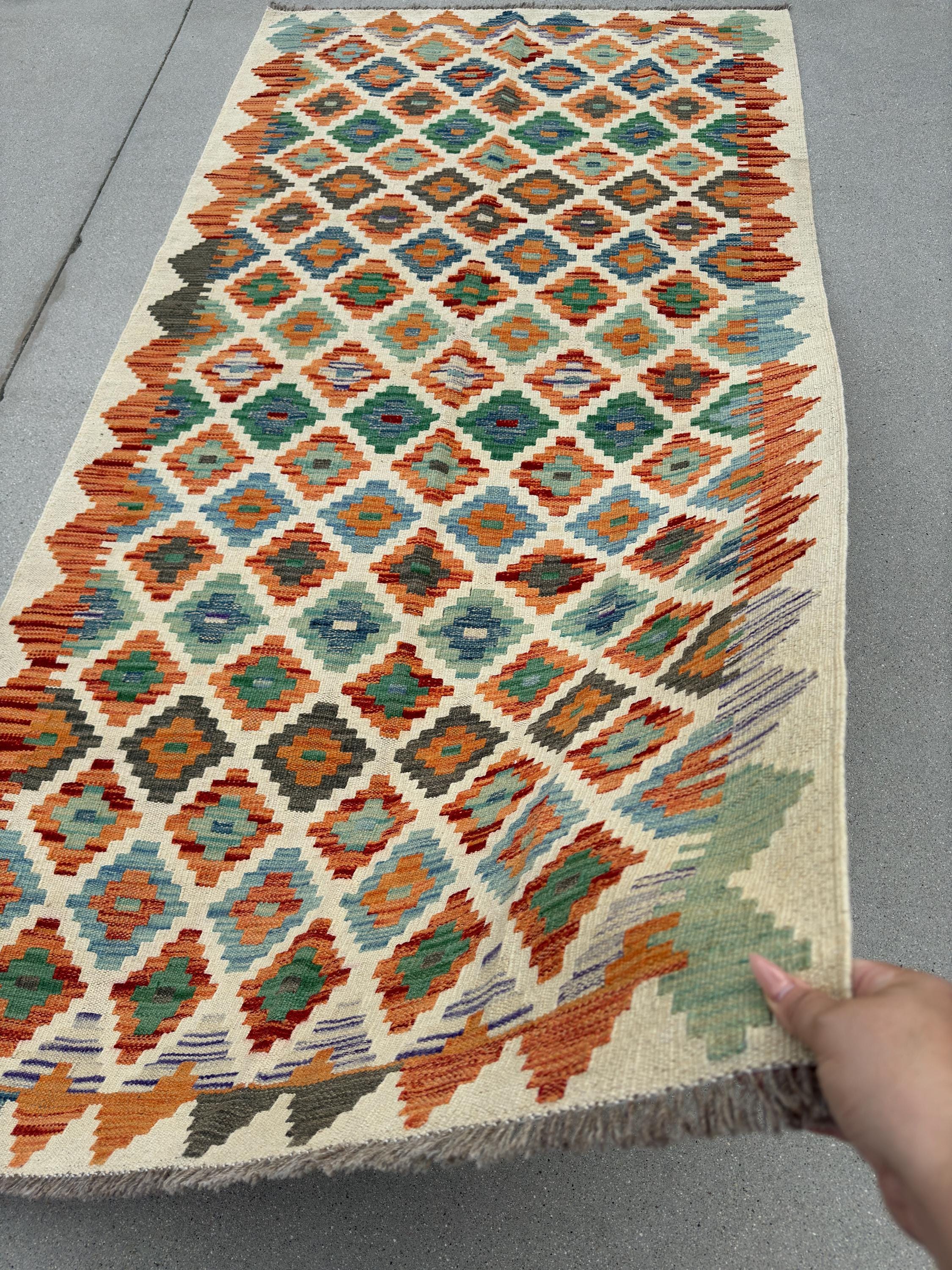 3x7 (100x200) Handmade Afghan Kilim Runner Rug | Cream Beige Olive Forest Green Teal Burnt Orange Denim Blue Grey Purple | Flatweave Wool