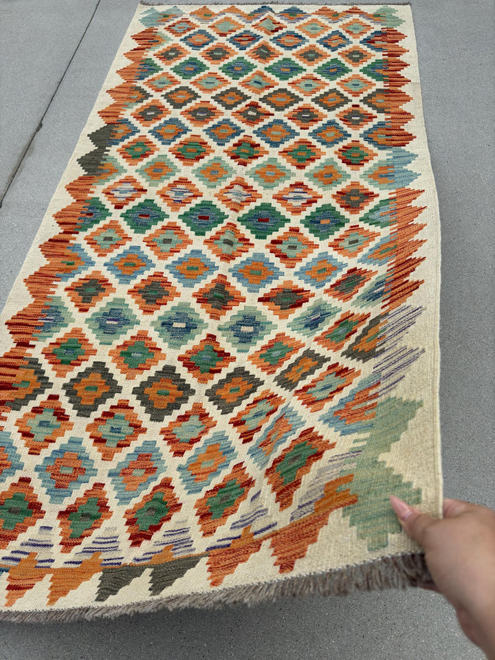 3x7 (100x200) Handmade Afghan Kilim Runner Rug | Cream Beige Olive Forest Green Teal Burnt Orange Denim Blue Grey Purple | Flatweave Wool
