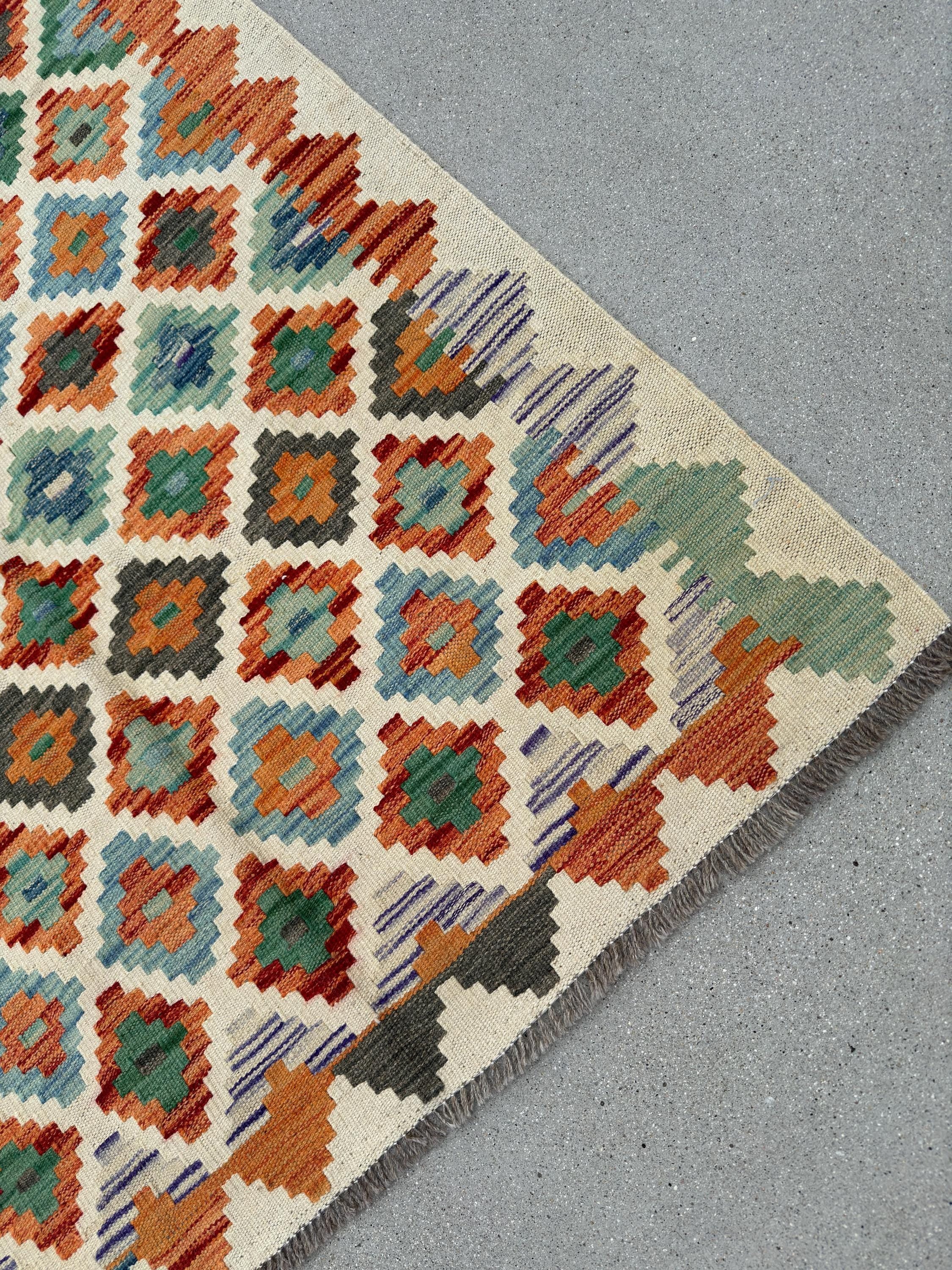 3x7 (100x200) Handmade Afghan Kilim Runner Rug | Cream Beige Olive Forest Green Teal Burnt Orange Denim Blue Grey Purple | Flatweave Wool