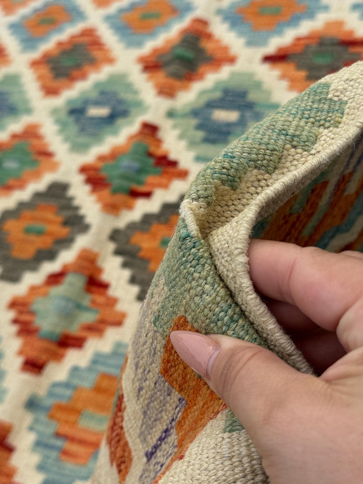 3x7 (100x200) Handmade Afghan Kilim Runner Rug | Cream Beige Olive Forest Green Teal Burnt Orange Denim Blue Grey Purple | Flatweave Wool