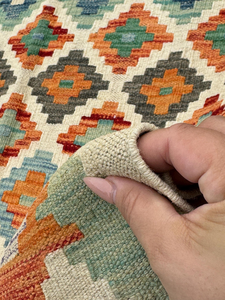 3x7 (100x200) Handmade Afghan Kilim Runner Rug | Cream Beige Olive Forest Green Teal Burnt Orange Denim Blue Grey Purple | Flatweave Wool