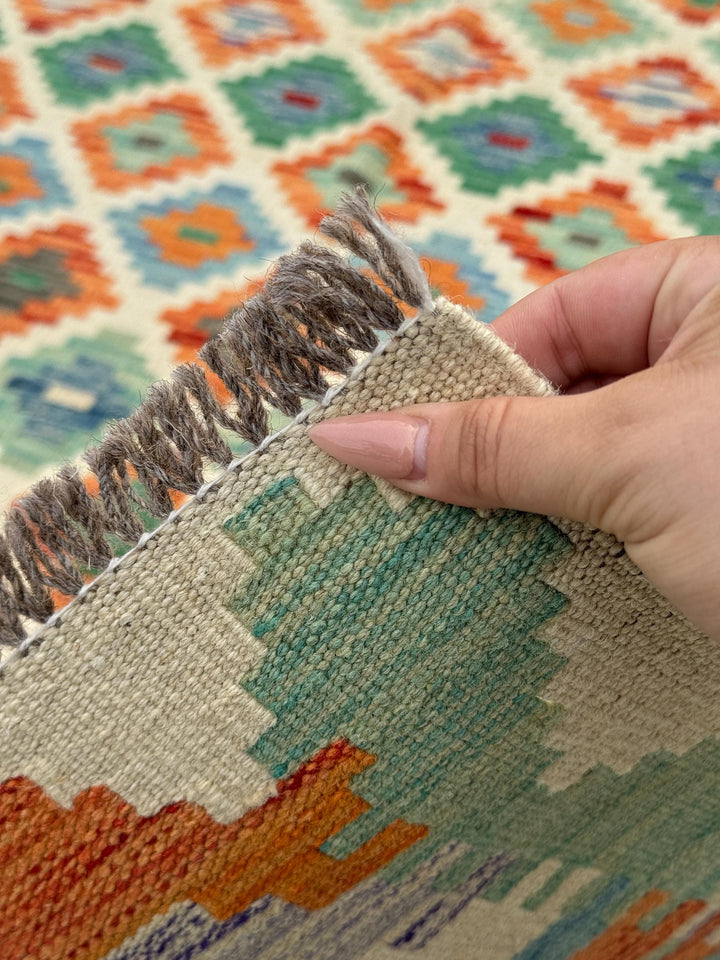3x7 (100x200) Handmade Afghan Kilim Runner Rug | Cream Beige Olive Forest Green Teal Burnt Orange Denim Blue Grey Purple | Flatweave Wool
