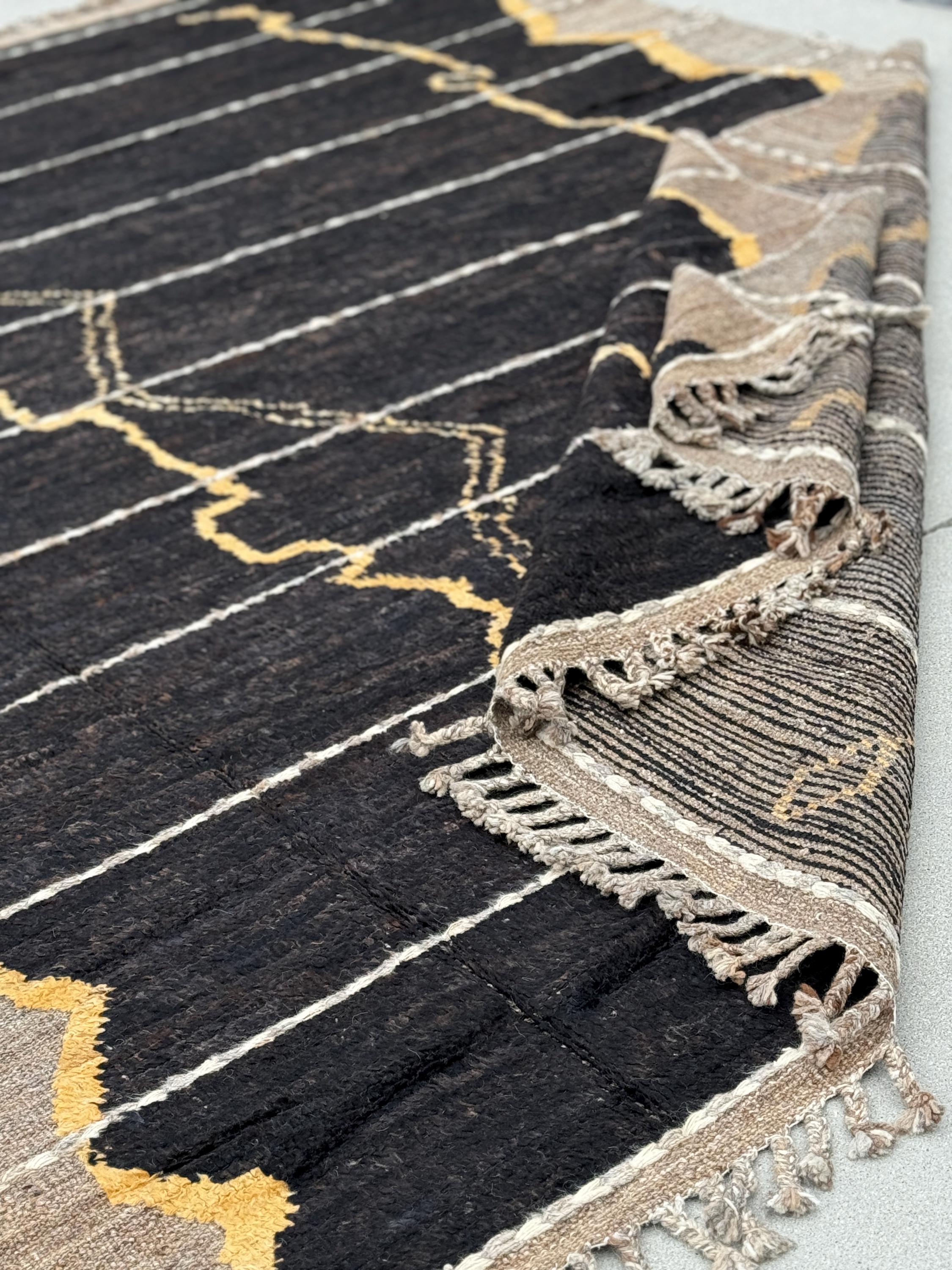 8x11 (240x330) Handmade Afghan Moroccan Rug | Black Tan Beige Sand Brown White Golden Yellow Ivory | Wool Plush Shag Hand Knotted Abstract