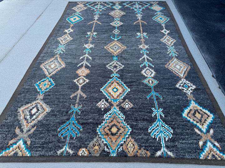 6x10 (182x305) Handmade Afghan Moroccan Rug | Prussian Blue Grey Gray Charcoal Peach Rust Orange White Gold | Wool Hand Knotted Plush Shag