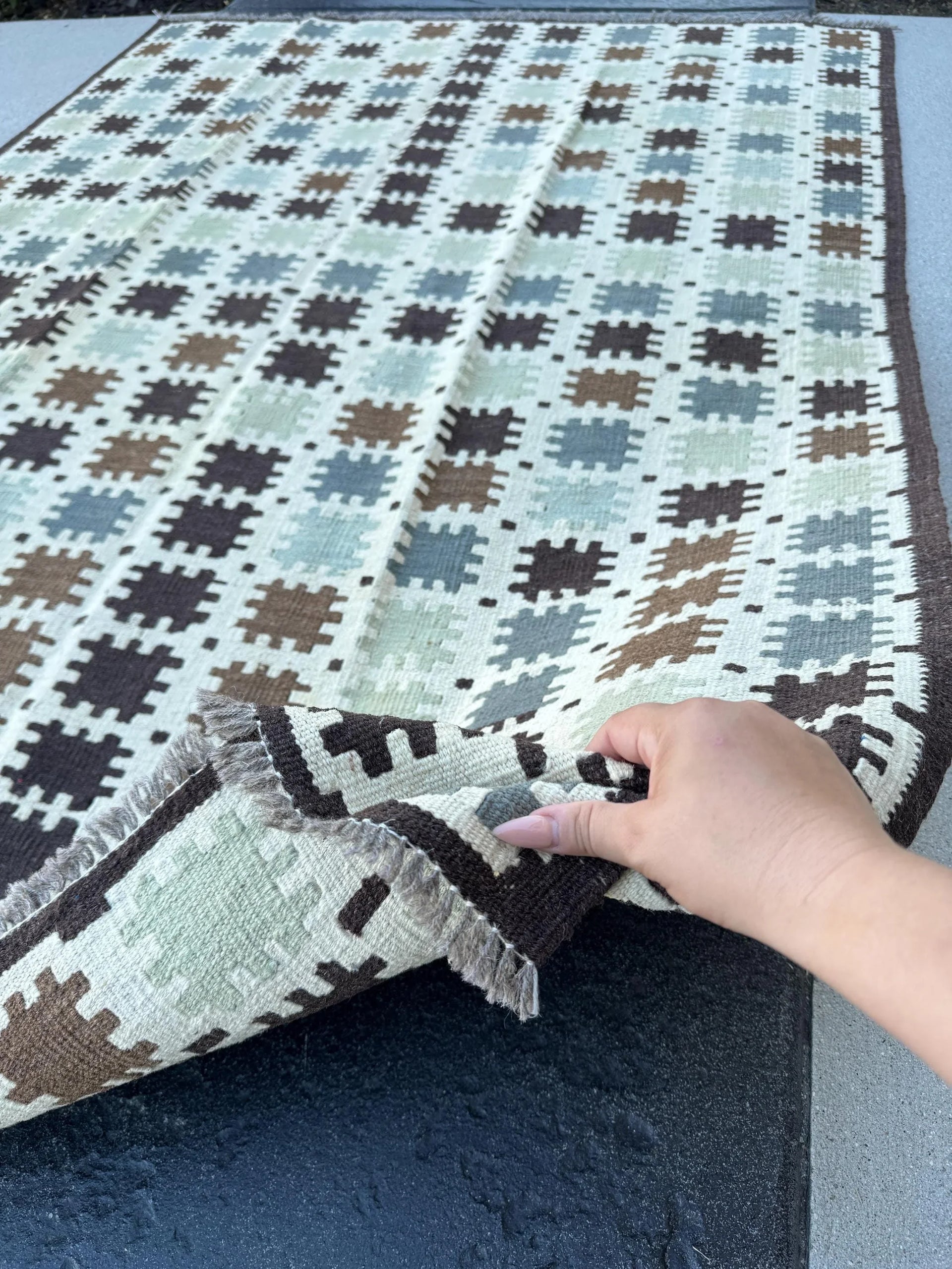 5x7 (150x200) Handmade Kilim Afghan Rug | Cofee Chocolate Brown Ivory Cream Off White Fossil Grey Light Fern Green Teal | Flatweave Wool