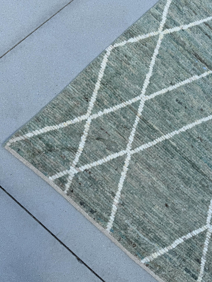 6-7x9 (198x274) Handmade Afghan Moroccan Rug | Sage Fern Green White Cream | Wool Hand Knotted Berber Beni Plush Wool Flokati Tufted