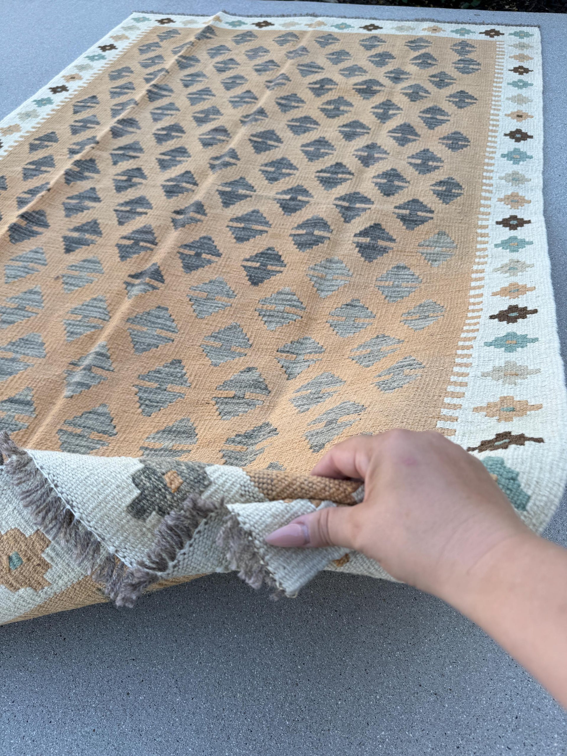 4x6 (120x180) Handmade Kilim Afghan Rug | Cream Ivory Taupe Peanut Chocolate Brown Charcoal Grey Gray Teal | Flatweave Outdoor Wool