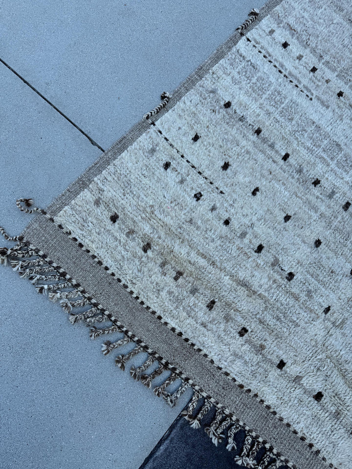 7x11 (213x335) Handmade Afghan Moroccan Rug | Ivory White Cream Grey Gray Black | Wool Minimalist Hand Knotted Plush Shag Chic Modern