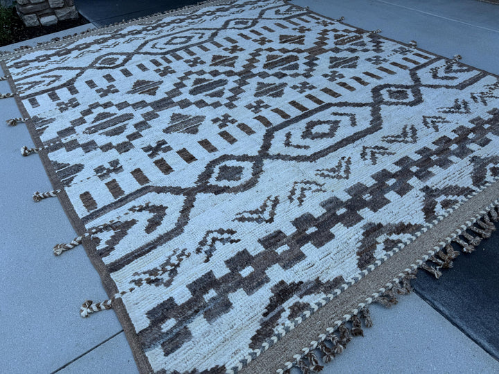 8x11 (240x330) Handmade Afghan Moroccan Rug | Neutral Ivory Cream White Beige Grey Gray | Wool Hand Knotted Geometric Tribal Plush Shag