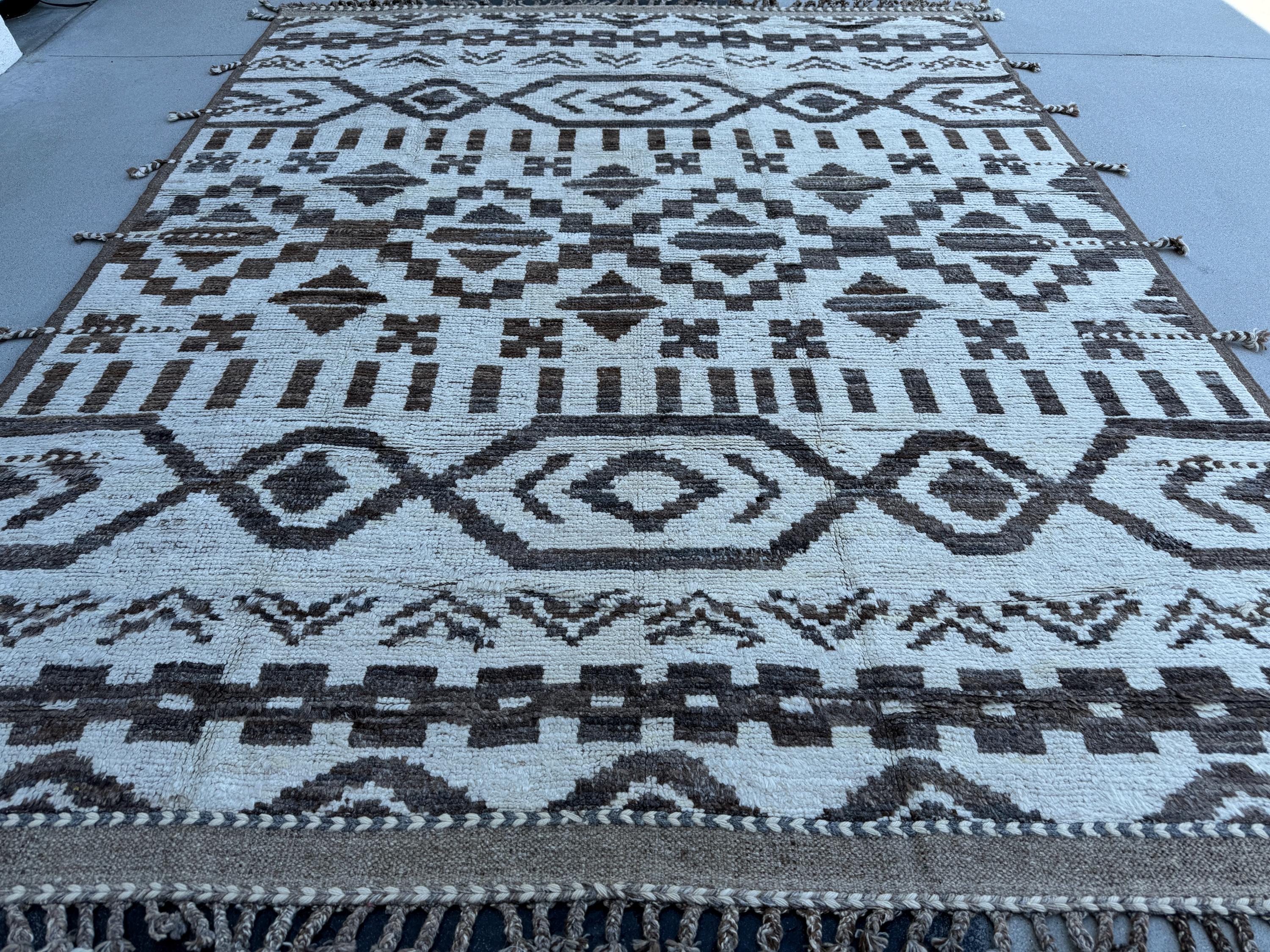 8x11 (240x330) Handmade Afghan Moroccan Rug | Neutral Ivory Cream White Beige Grey Gray | Wool Hand Knotted Geometric Tribal Plush Shag