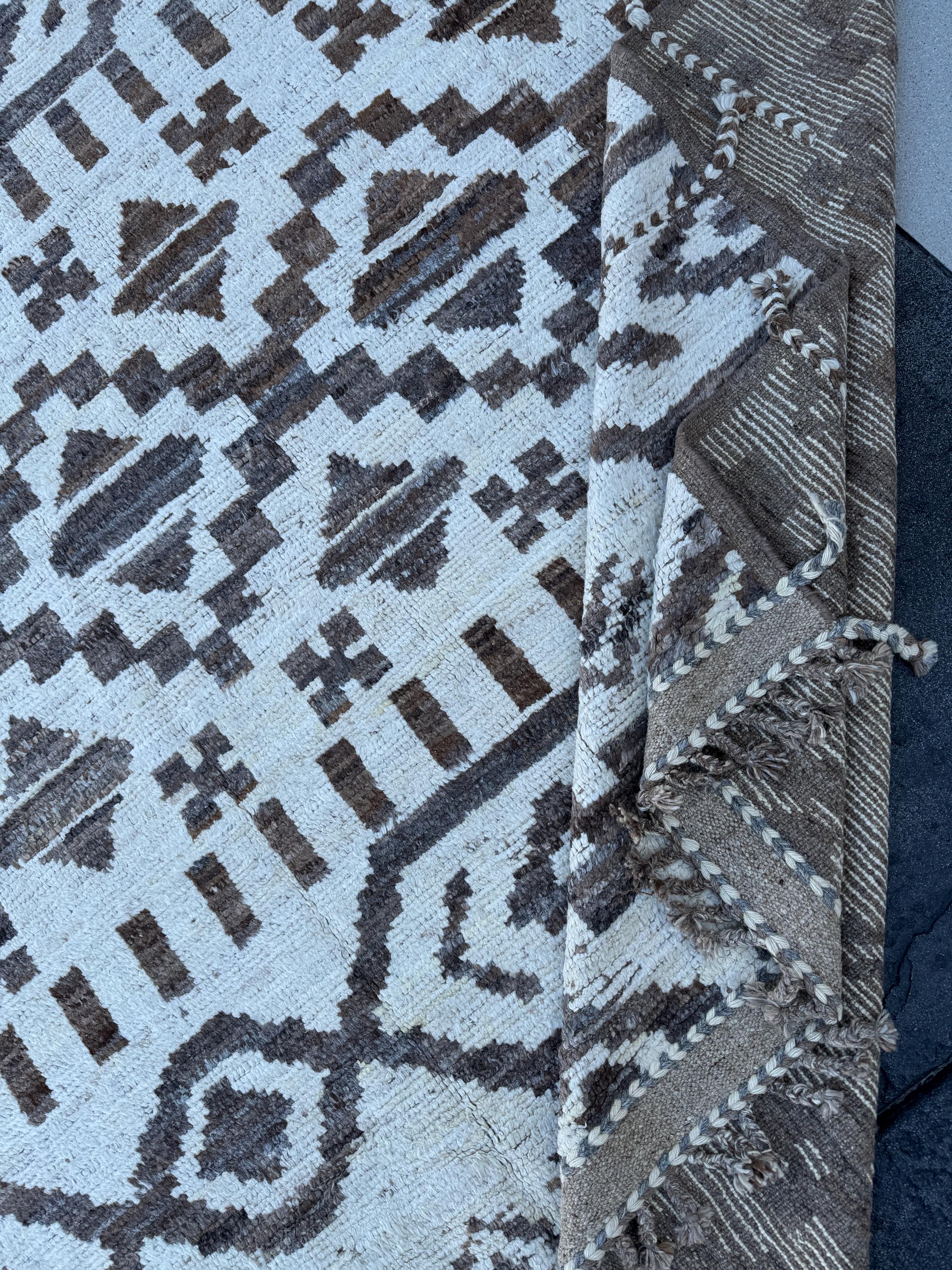 8x11 (240x330) Handmade Afghan Moroccan Rug | Neutral Ivory Cream White Beige Grey Gray | Wool Hand Knotted Geometric Tribal Plush Shag