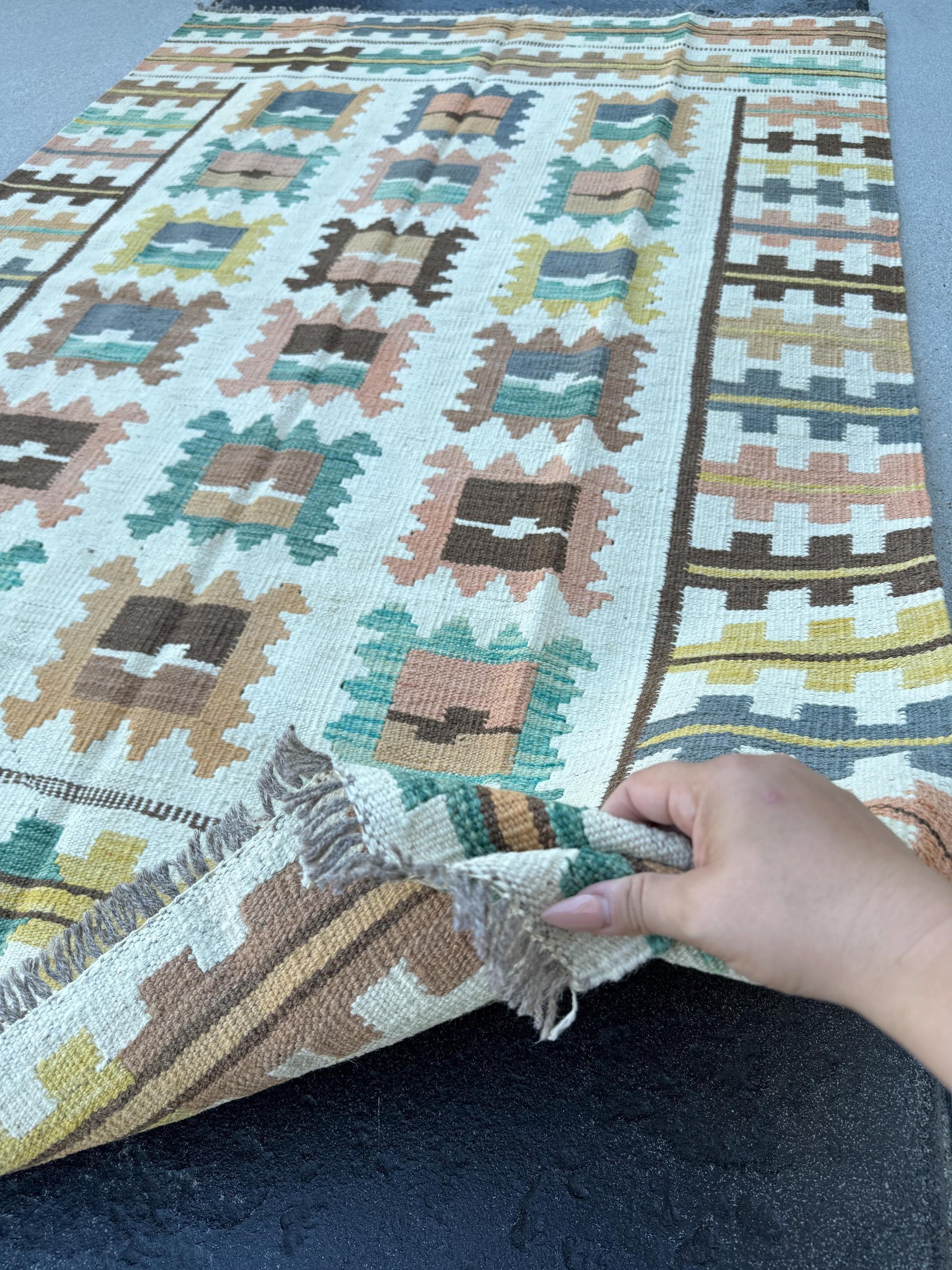 4x6 (120x180) Handmade Afghan Kilim Rug | Cream Ivory Mustard Yellow Forest Green Coffee Chocolate Brown Prussian Blue Grey | Flatweave Wool