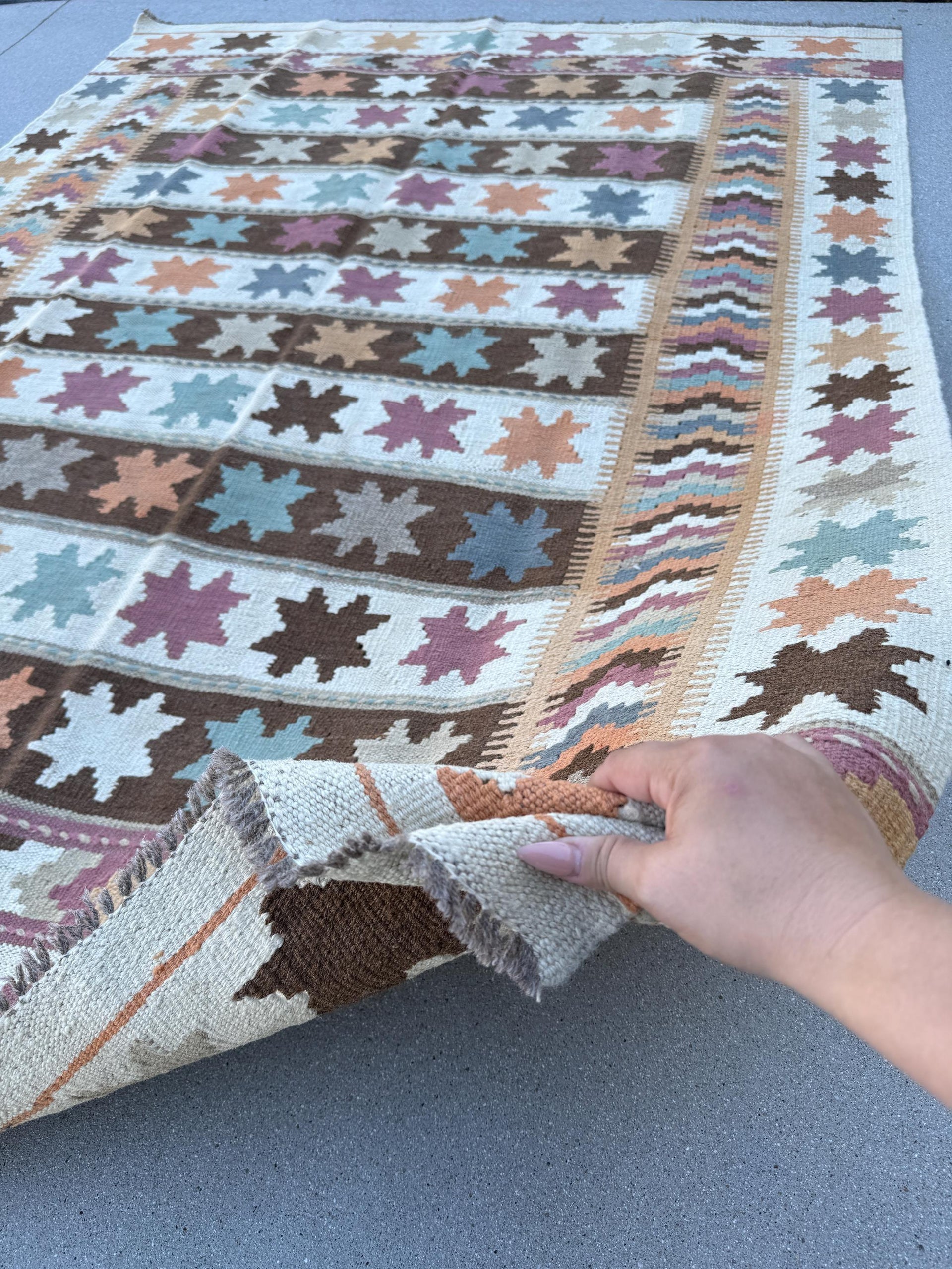 5x7 (150x200) Handmade Kilim Afghan Rug | Cream Ivory Tan Copper Chocolate Brown Teal Pumpkin Orange Prussian Blue Grey | Flatweave Wool
