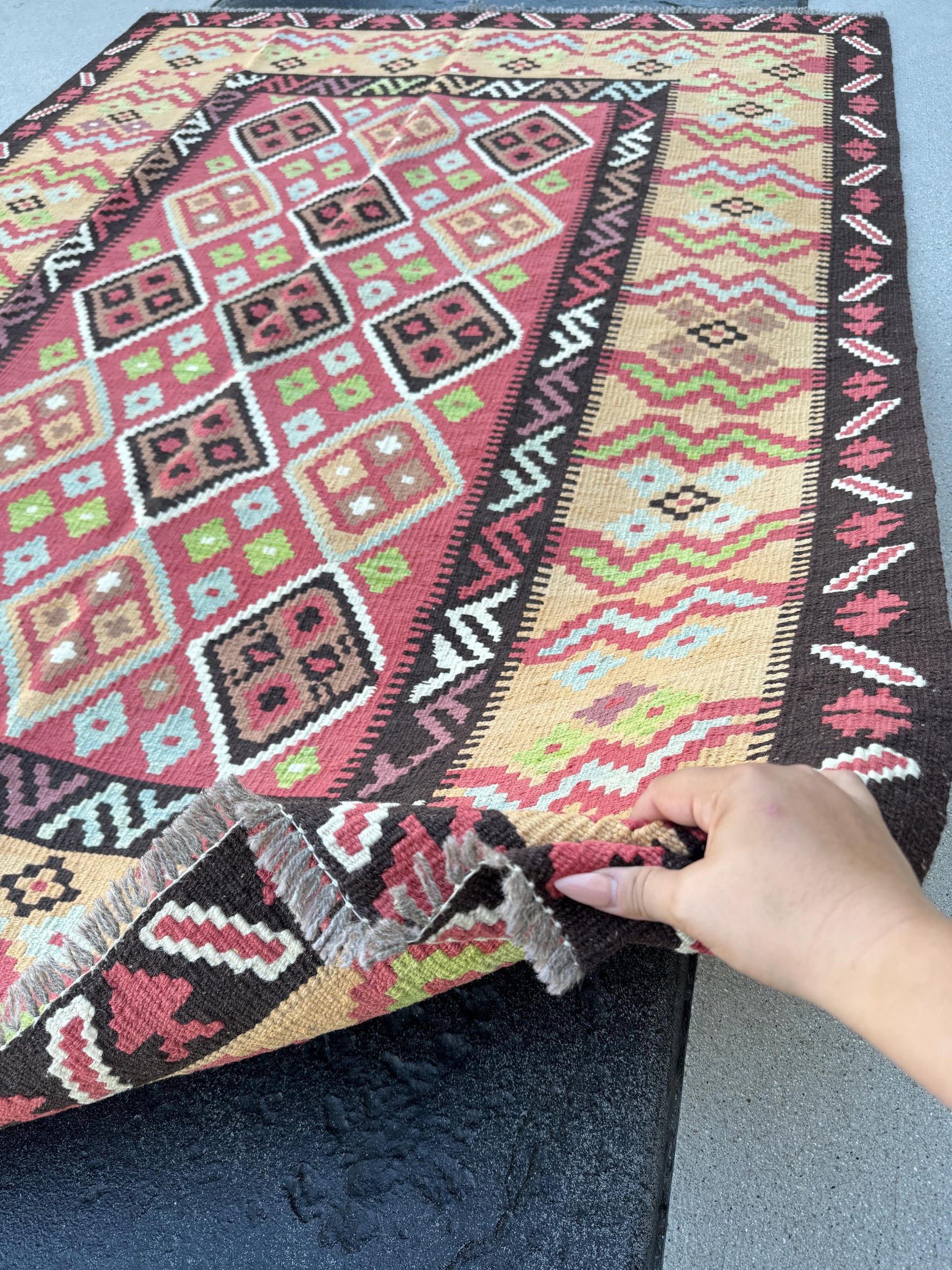 5x7 (150x200) Handmade Kilim Afghan Rug | Black Cherry Red Chestnut Brown Tan Light Orange Blue Violet Lime Green White | Flatweave Wool