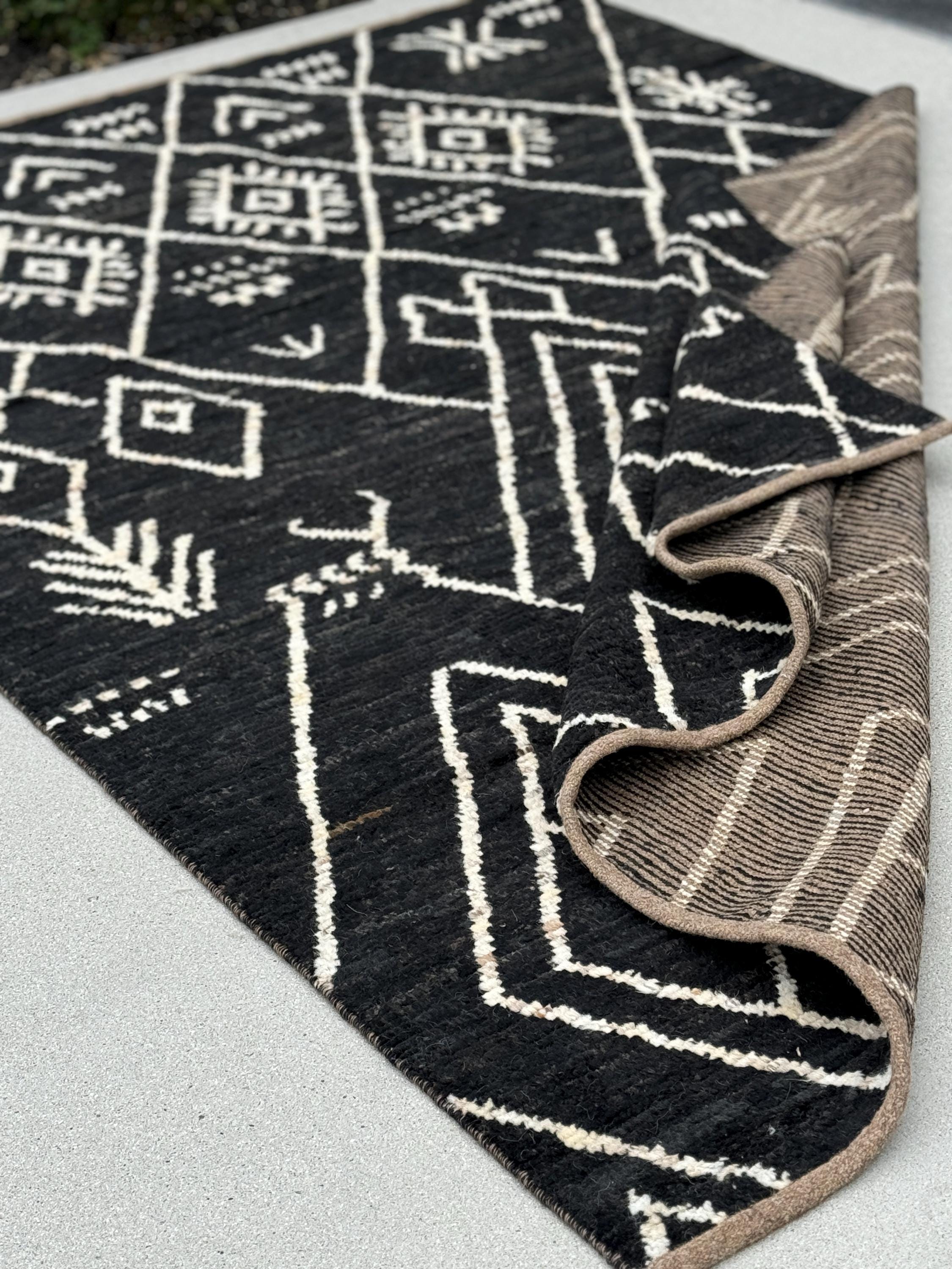 6x9 (180x274) Handmade Afghan Moroccan Rug | Black White Ivory | Wool Hand Knotted Shag Plush Berber Beni Tribal Modern Contemporary Boho