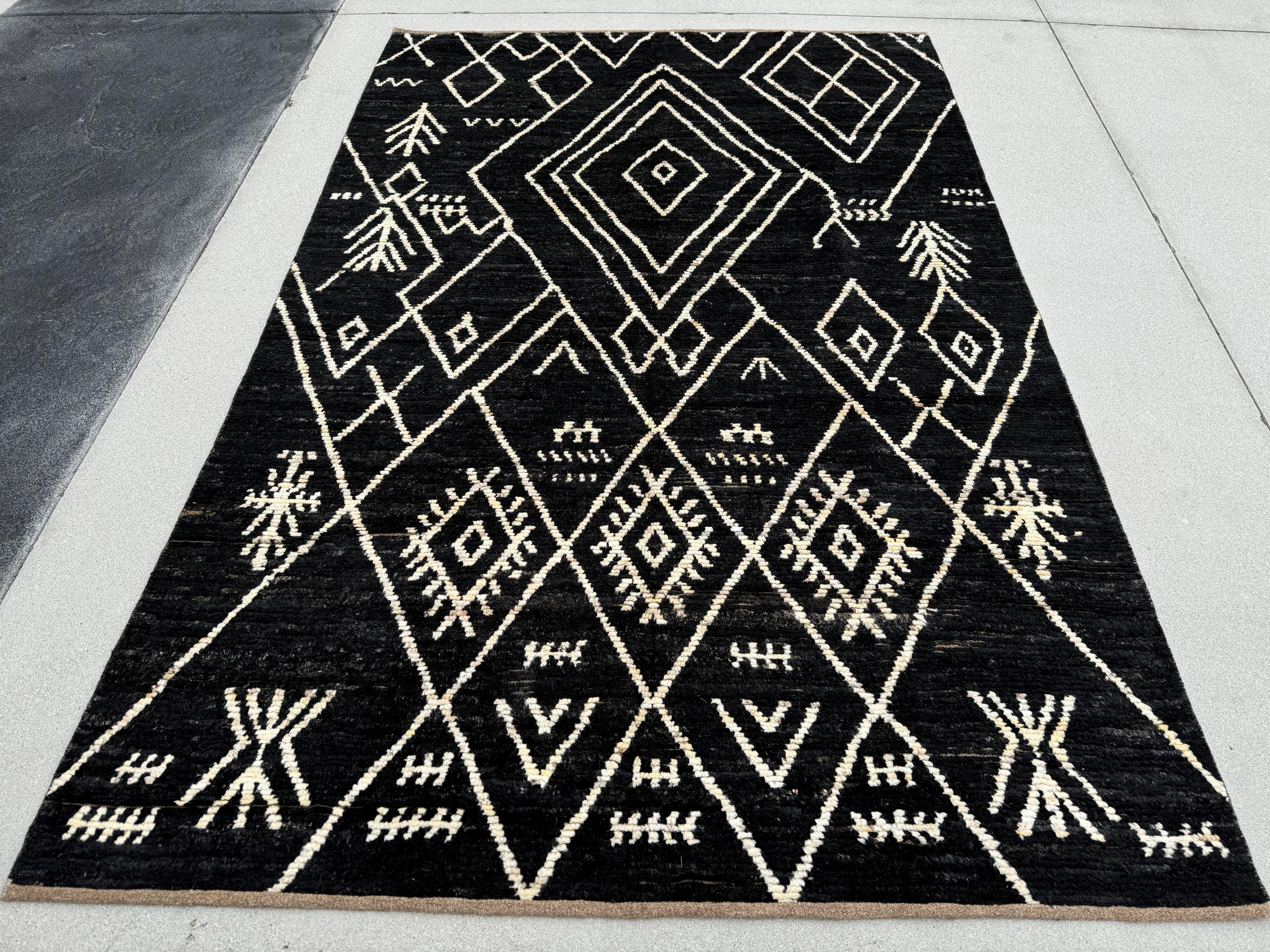 6x9 (180x274) Handmade Afghan Moroccan Rug | Black White Ivory | Wool Hand Knotted Shag Plush Berber Beni Tribal Modern Contemporary Boho