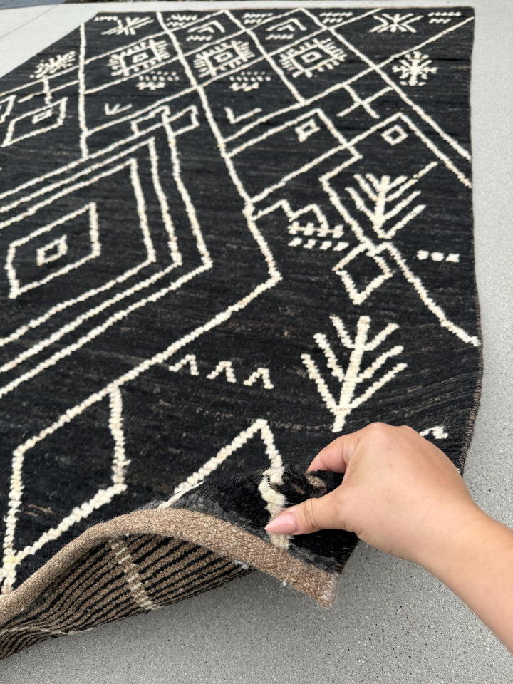 6x9 (180x274) Handmade Afghan Moroccan Rug | Black White Ivory | Wool Hand Knotted Shag Plush Berber Beni Tribal Modern Contemporary Boho