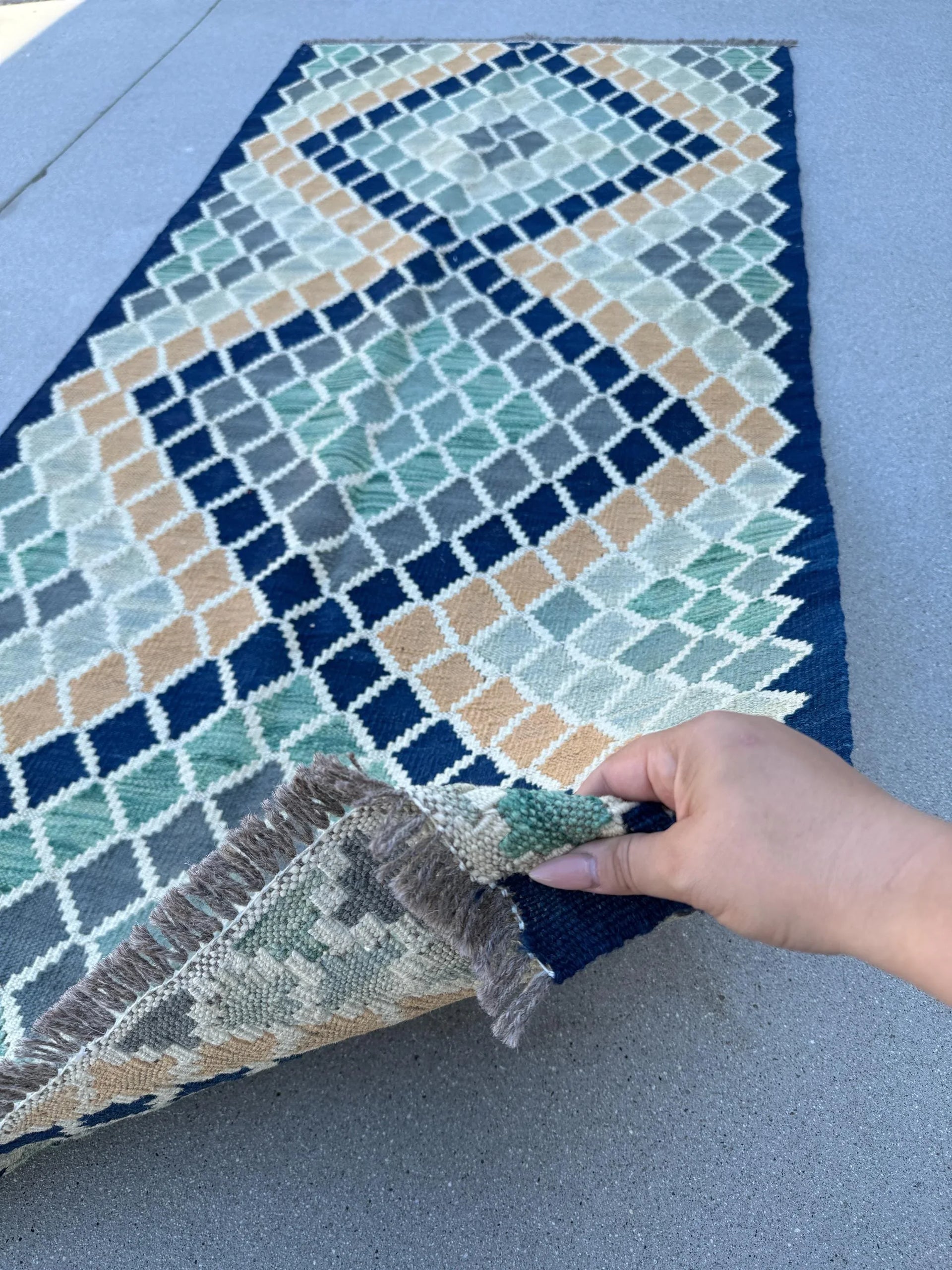 3x6 Handmade Afghan Kilim Runner Rug | Navy Prussian Blue Teal Green Cinnamon Brown Grey Gray | Flatweave Oushak Nordic Wool