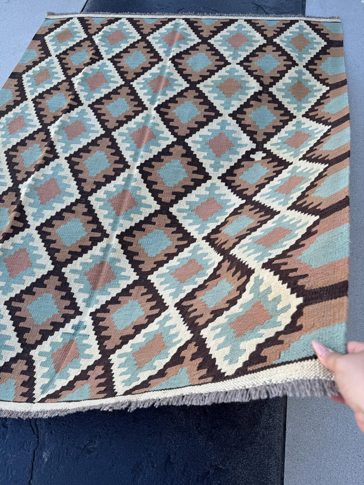 5x7 (150x200) Handmade Afghan Kilim Rug | Cream Beige Mocha Brown Turquoise Baby Sky Blue Black | Flatweave Traditional Rustic Outdoor