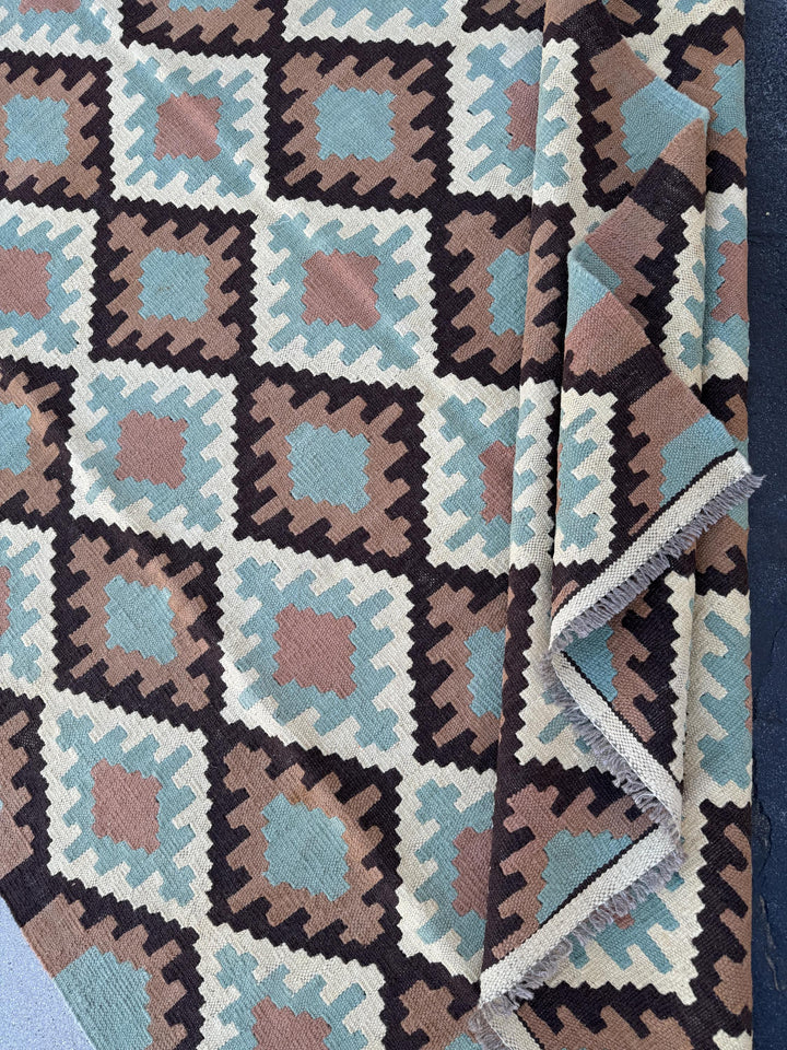 5x7 (150x200) Handmade Afghan Kilim Rug | Cream Beige Mocha Brown Turquoise Baby Sky Blue Black | Flatweave Traditional Rustic Outdoor