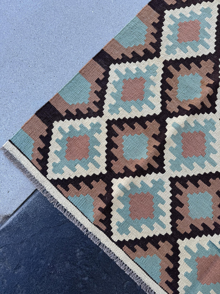 5x7 (150x200) Handmade Afghan Kilim Rug | Cream Beige Mocha Brown Turquoise Baby Sky Blue Black | Flatweave Traditional Rustic Outdoor